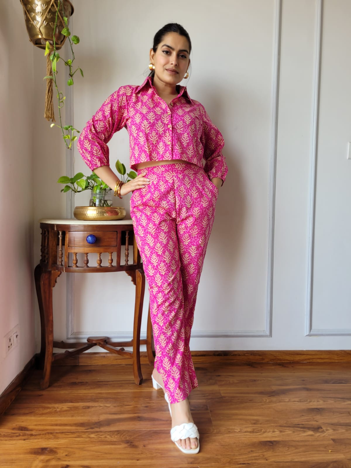 Hot Pink Pure Cotton Hand Block Print Co-ord Set with Balloon Sleeves