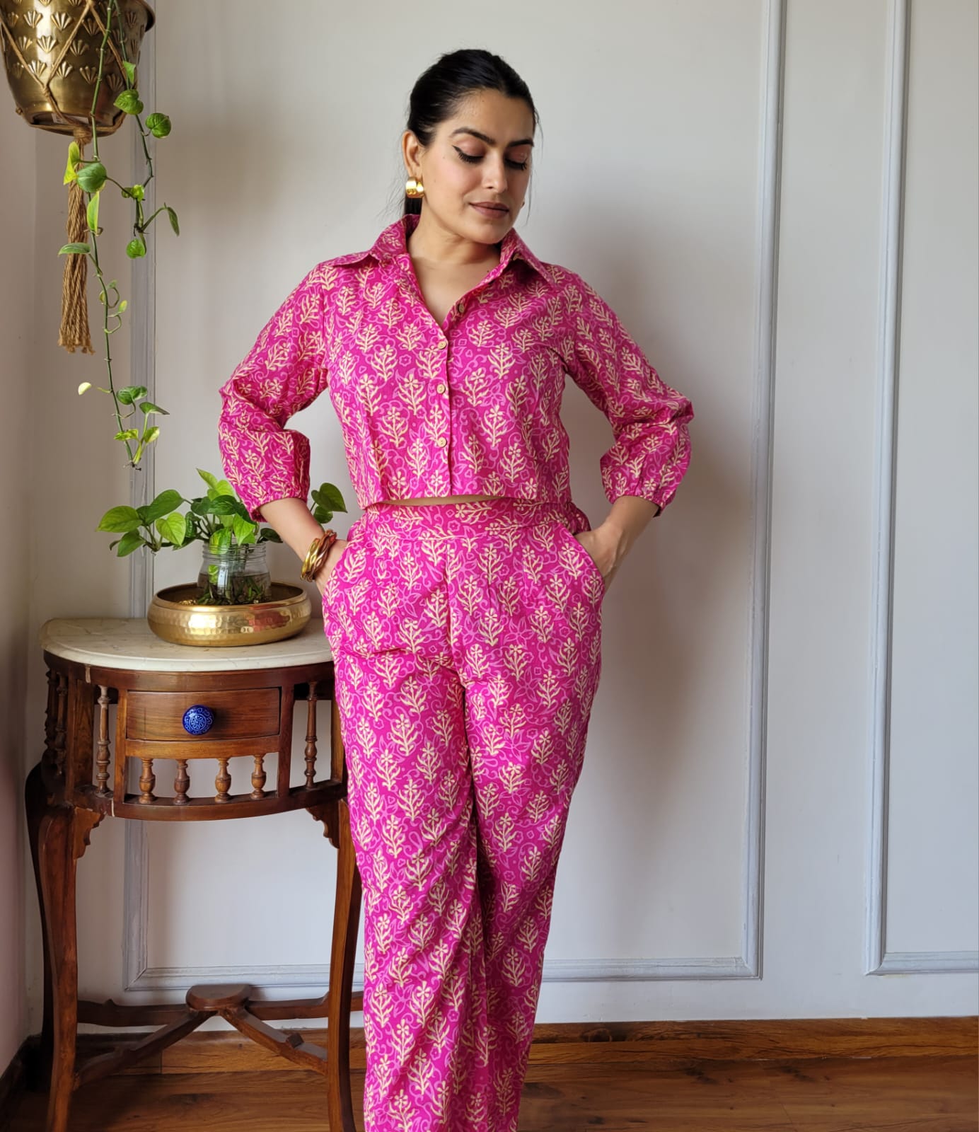 Hot Pink Pure Cotton Hand Block Print Co-ord Set with Balloon Sleeves