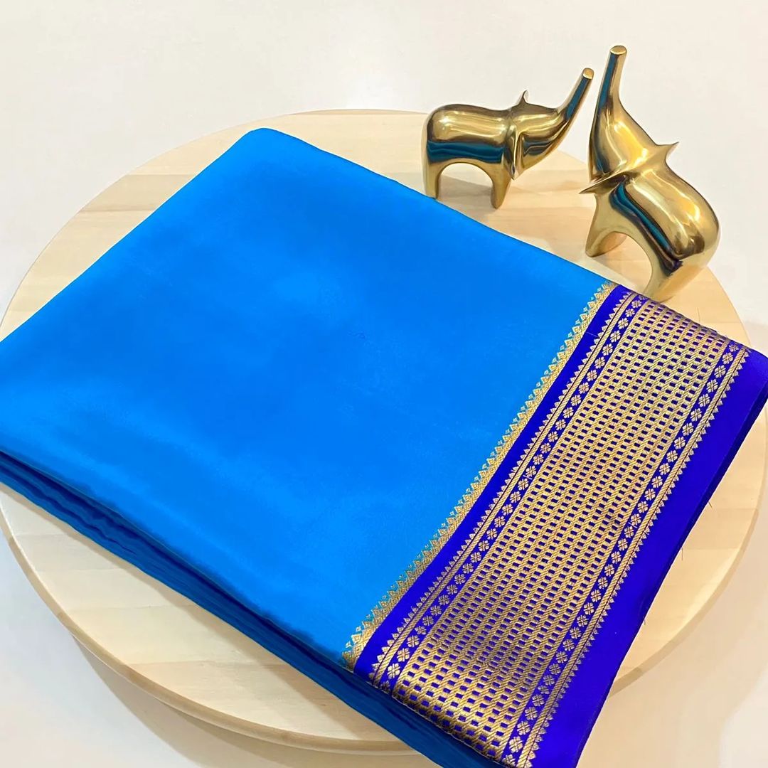 Heritage Sky Blue Mysore Soft Silk Saree With Timeless Zari Border