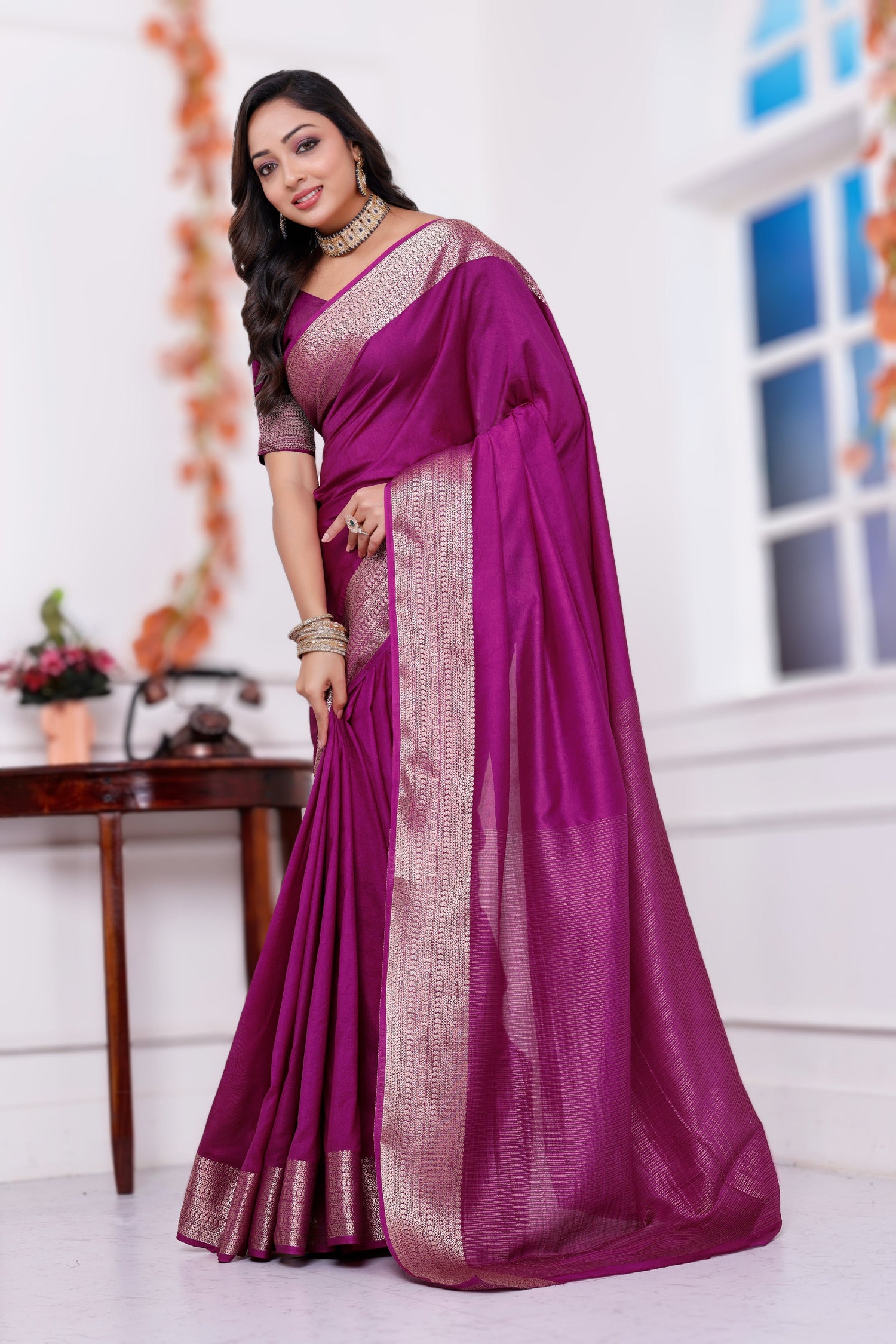Pure Mysore Crepe Fancy Saree With Plain Texture