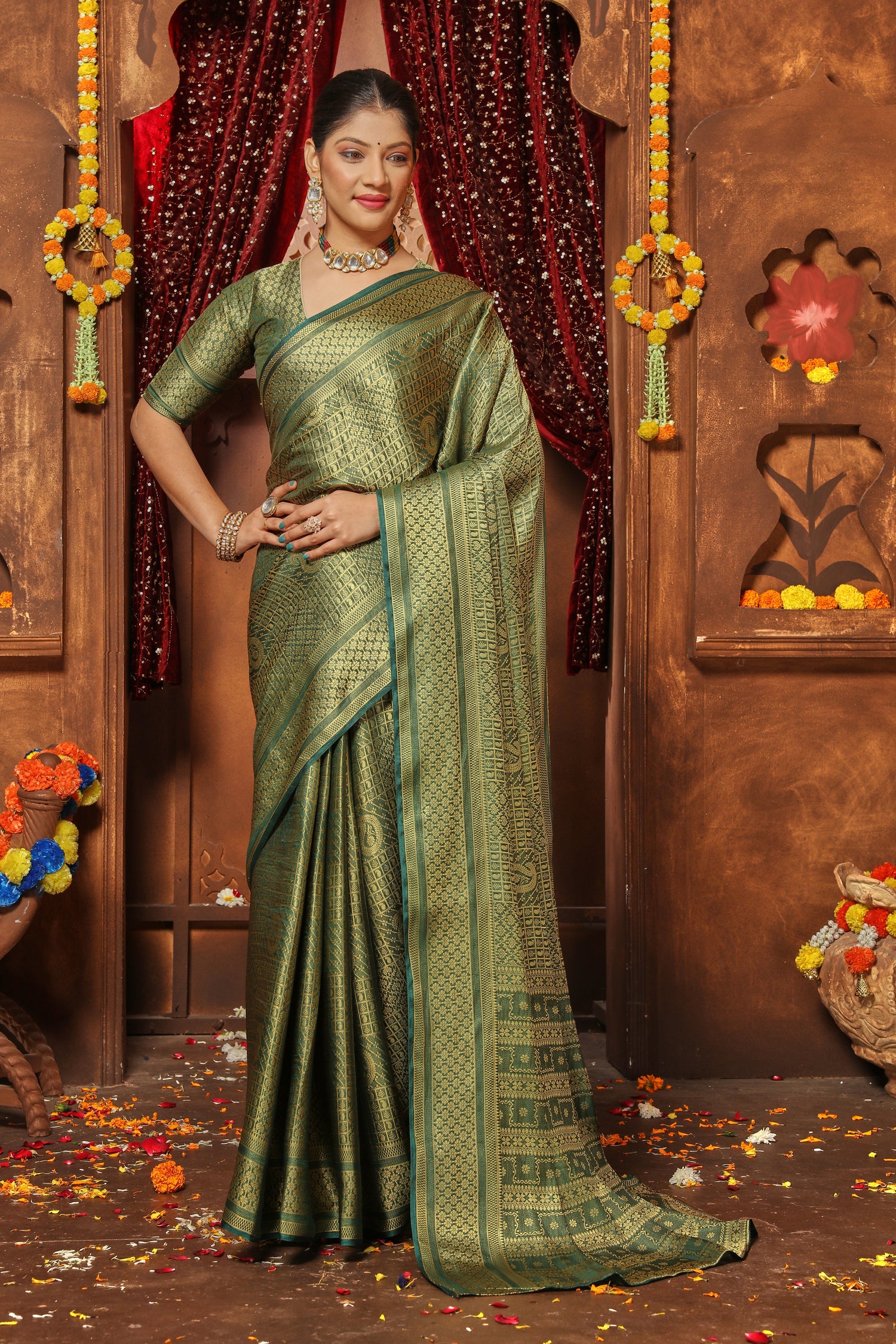 Grand Bridal Brocade Silk Saree With Rich Zari Borders
