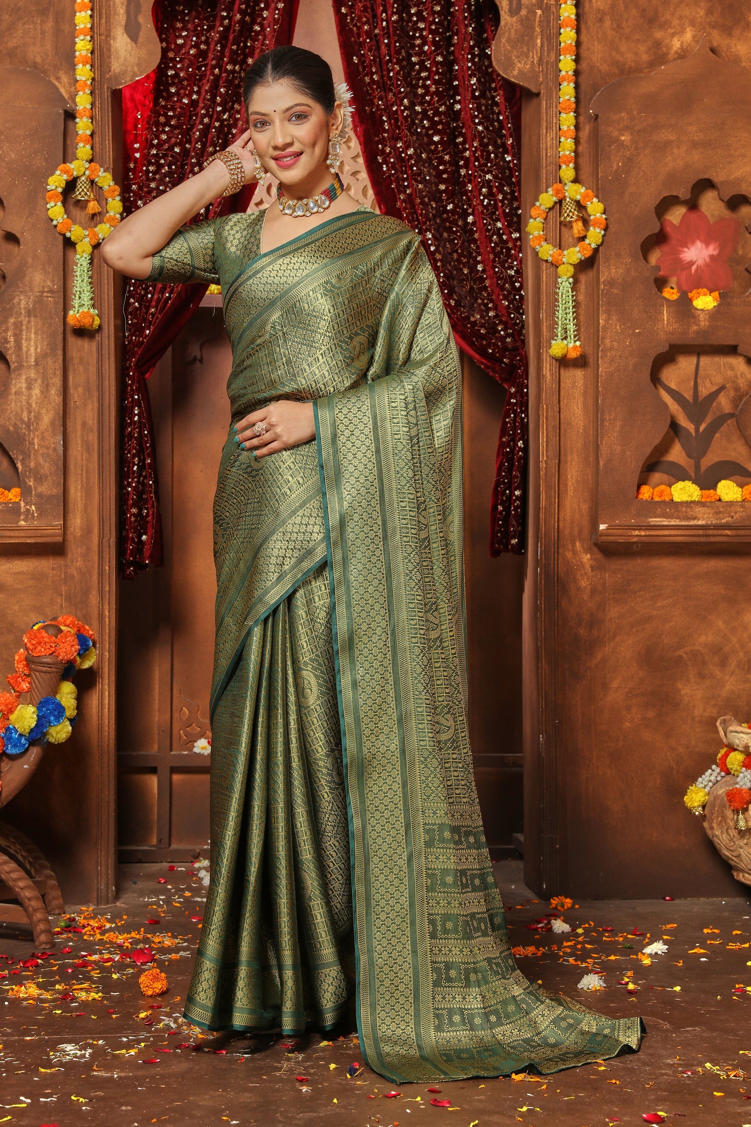 Grand Bridal Brocade Silk Saree With Rich Zari Borders