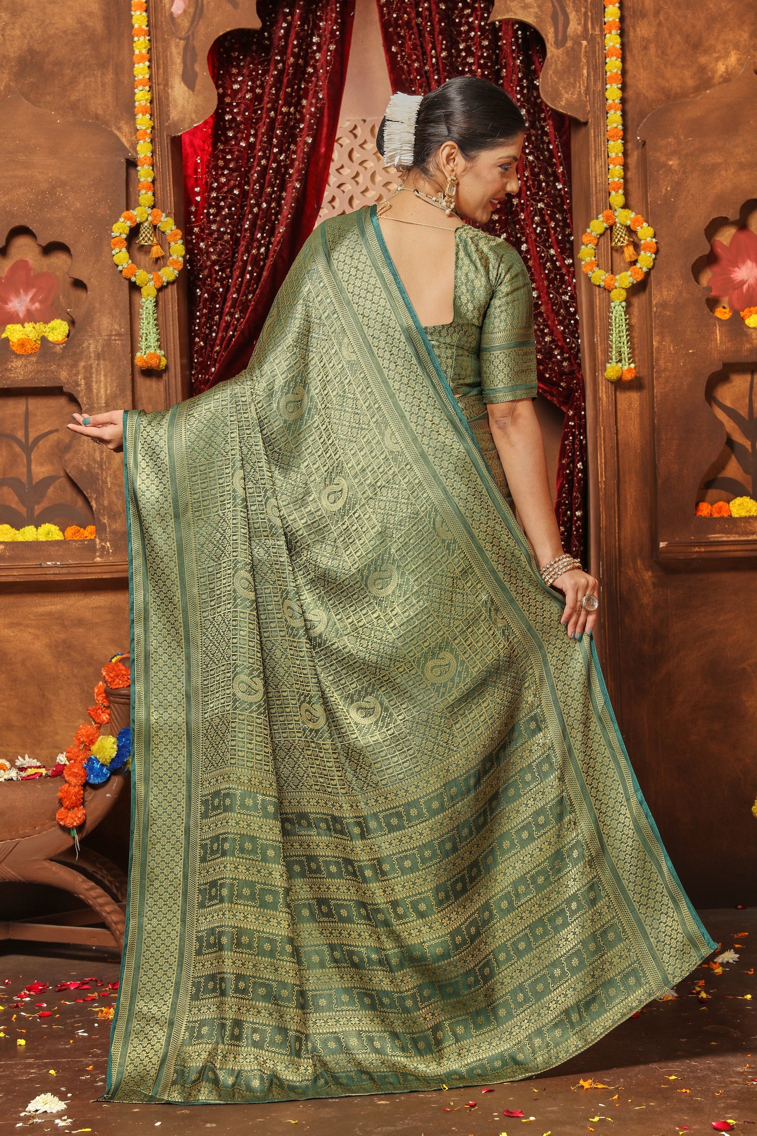 Grand Bridal Brocade Silk Saree With Rich Zari Borders
