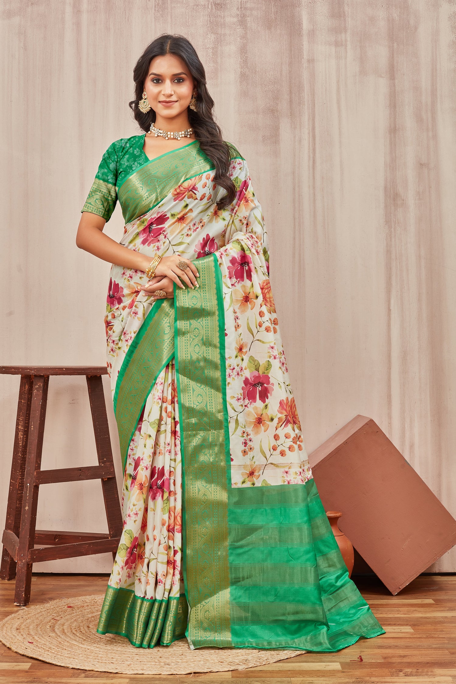 Beige Mysore Crepe Silk Saree With Trendy Digital Prints Ideal For Regular Wear