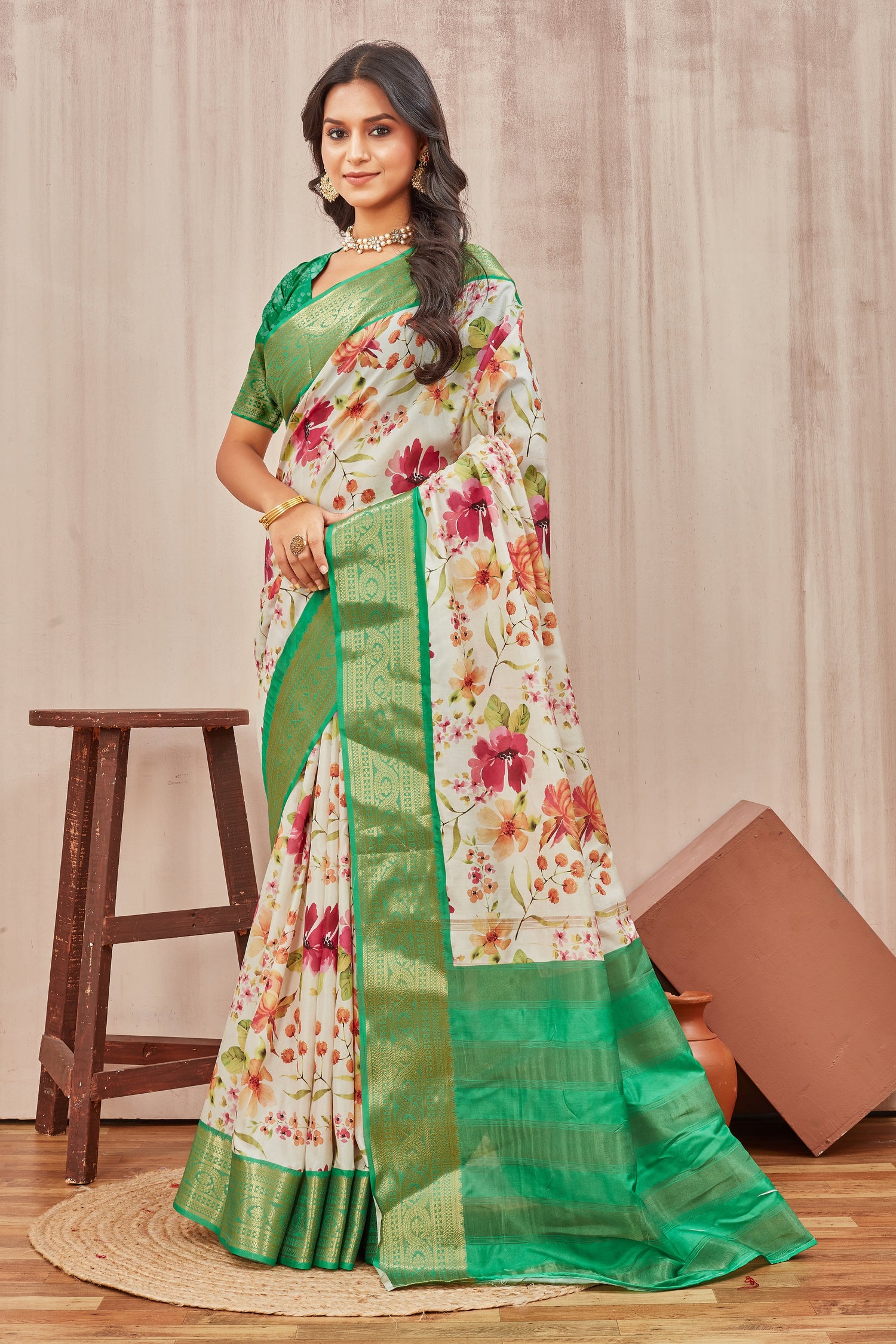Beige Mysore Crepe Silk Saree With Trendy Digital Prints Ideal For Regular Wear