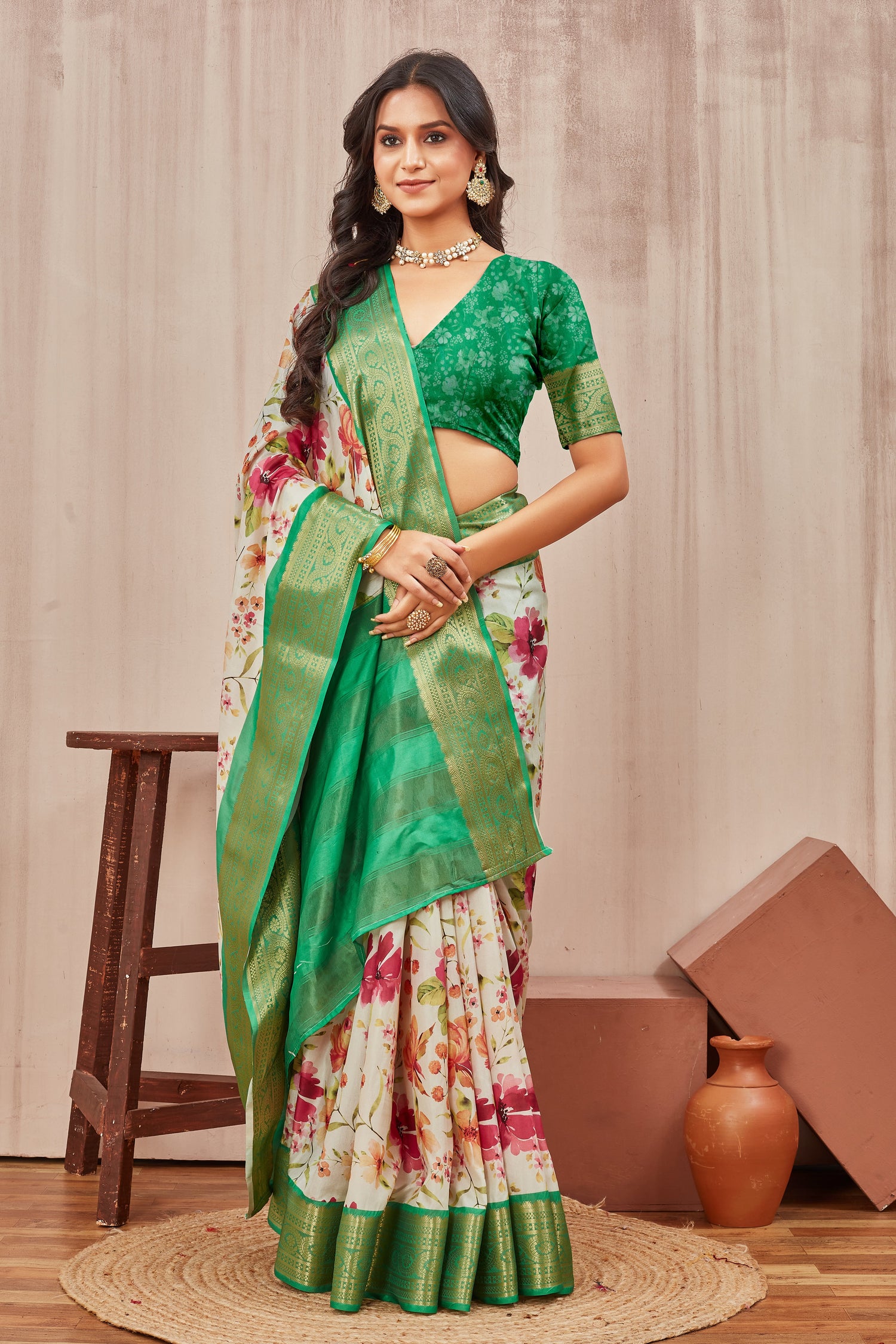 Beige Mysore Crepe Silk Saree With Trendy Digital Prints Ideal For Regular Wear