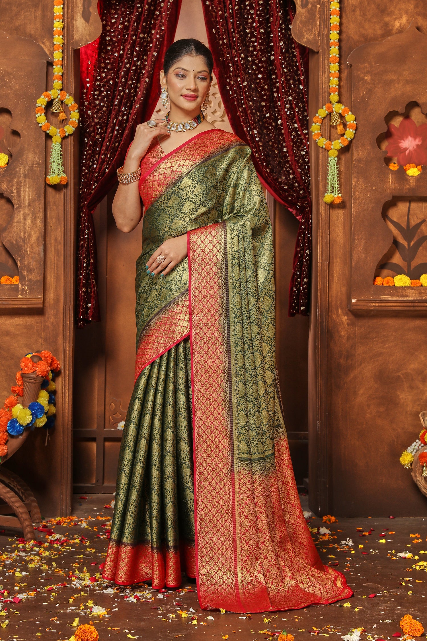 Traditional Indian Zari Work Silk Saree In Brocade Weave