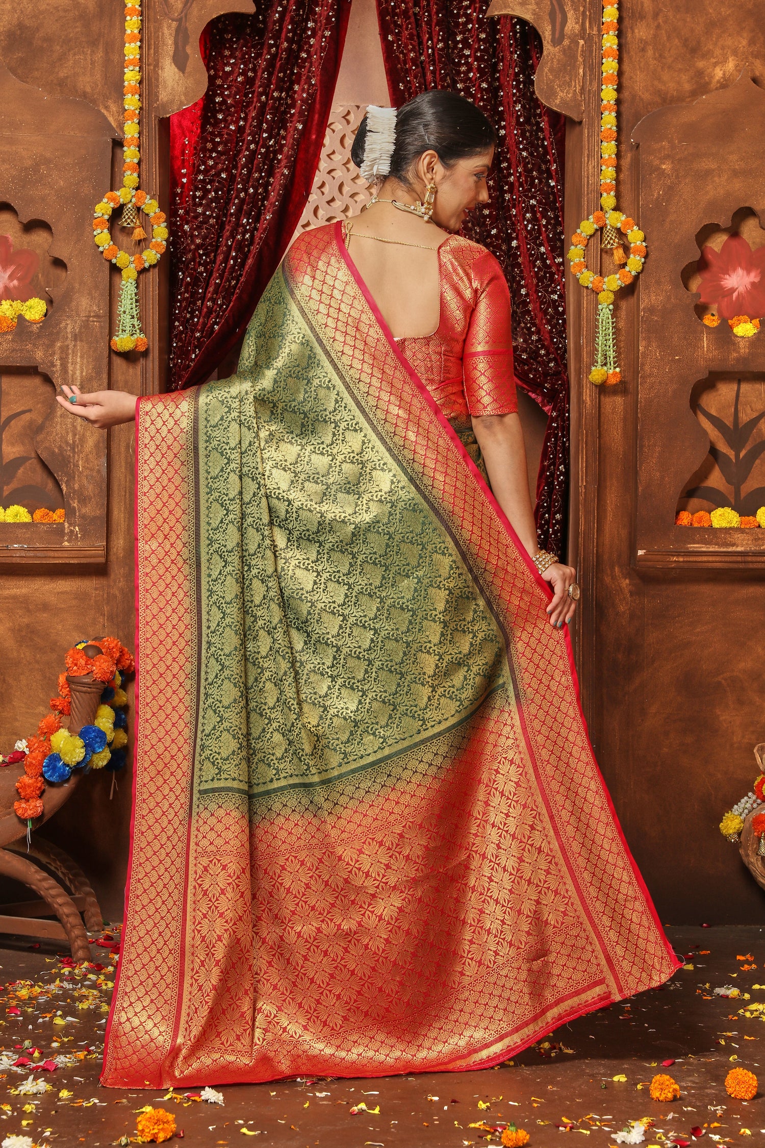 Traditional Indian Zari Work Silk Saree In Brocade Weave