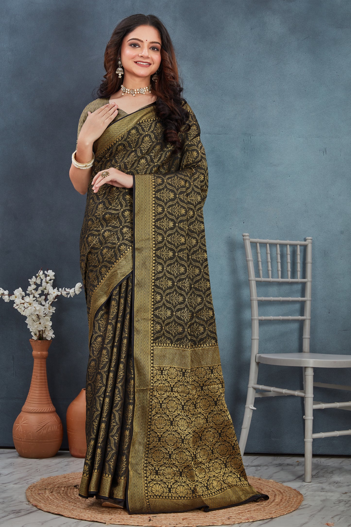 Elegant Mysore Brocade Silk Saree in Navy Blue