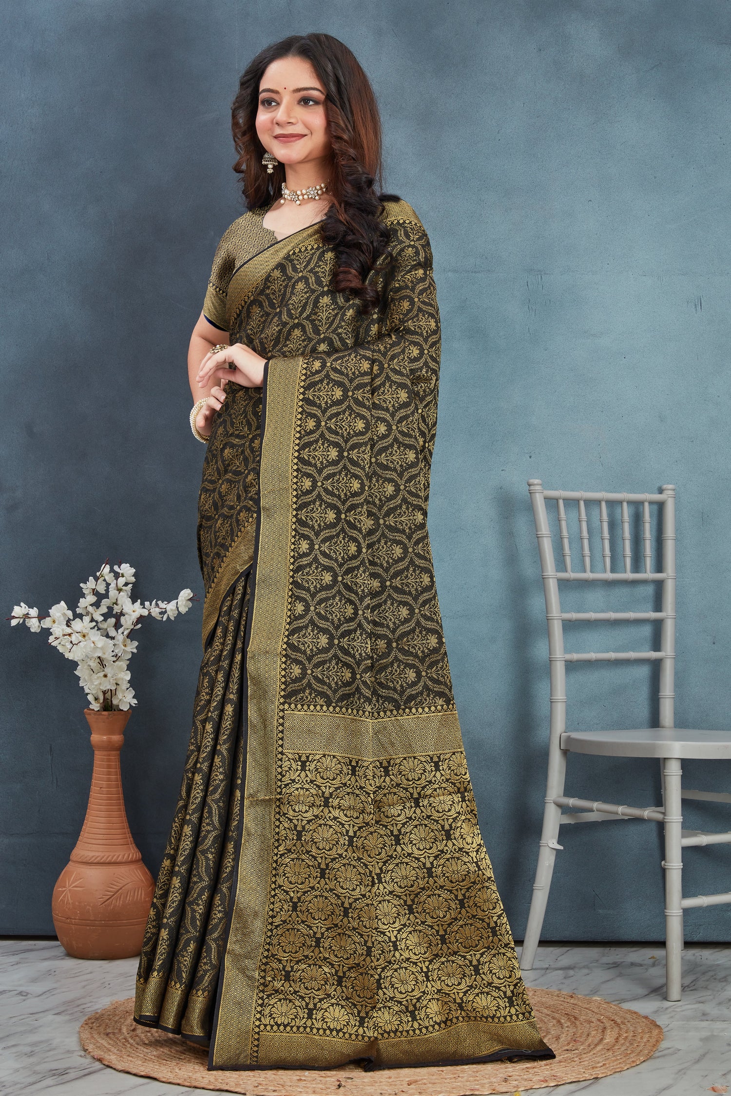 Navy Blue Heritage Saree Designer Mysore Silk With Brocade Weaving Work