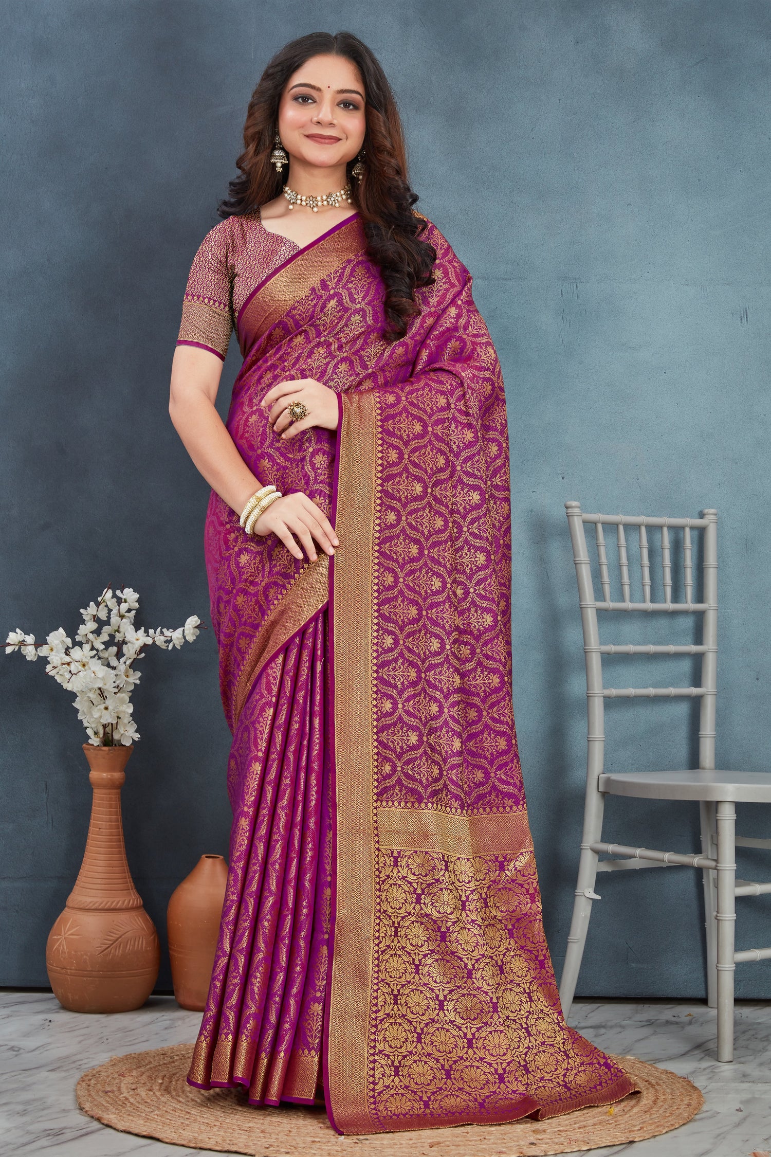 Graceful Magenta Mysore Brocade Saree Traditional Heavy Silk Weave
