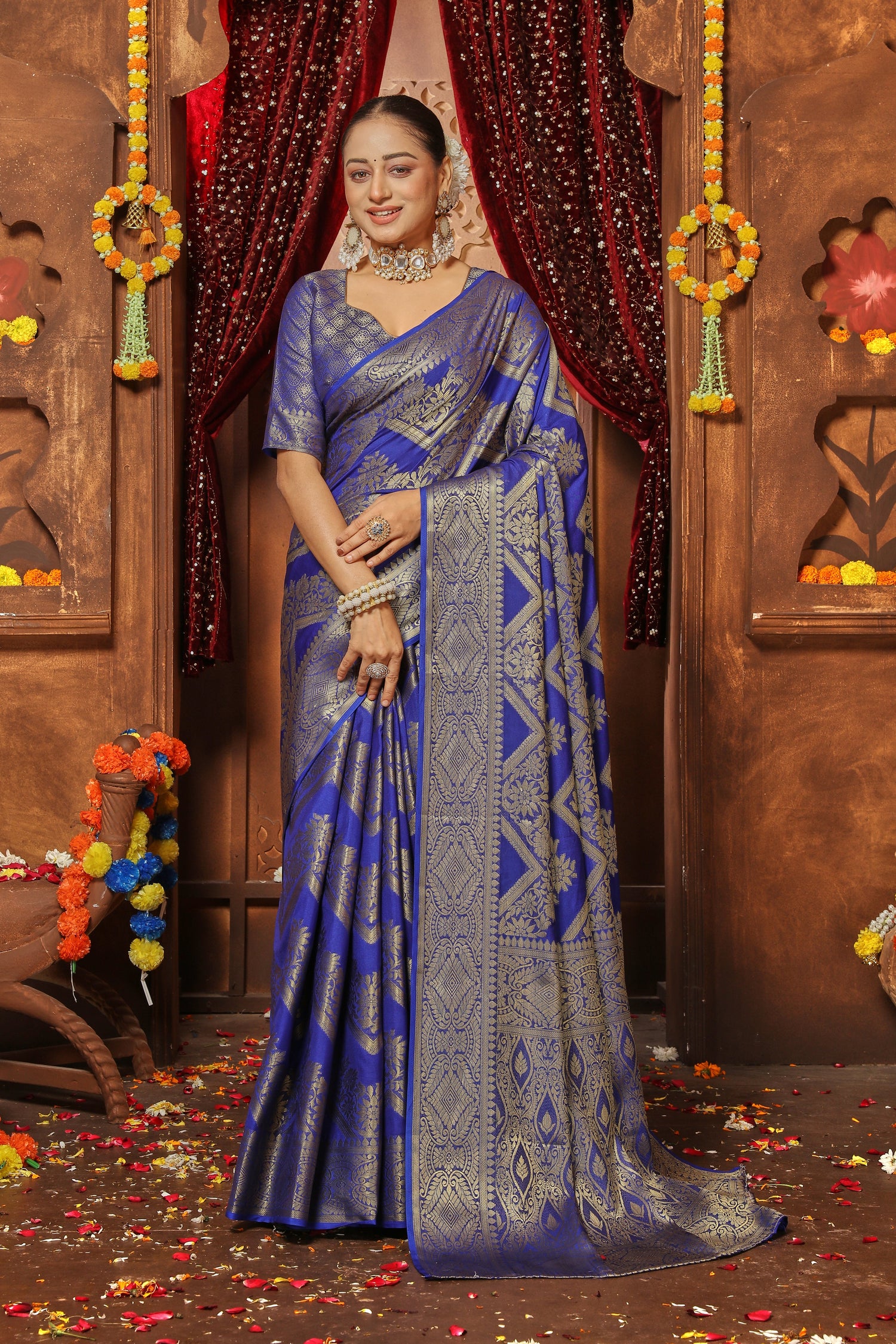 Bridal Wear Brocade Silk Saree With Gold Zari Weaving