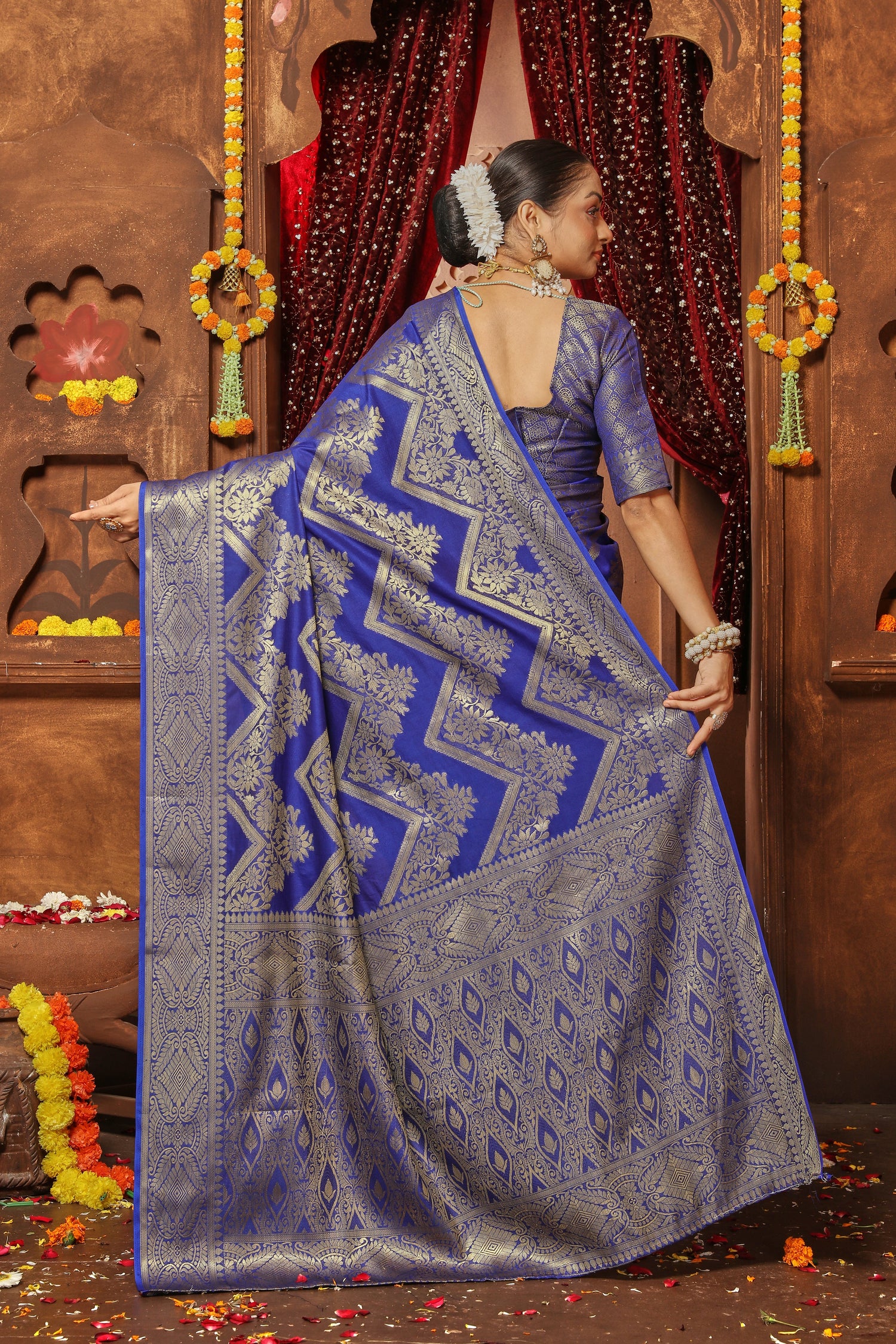 Bridal Wear Brocade Silk Saree With Gold Zari Weaving