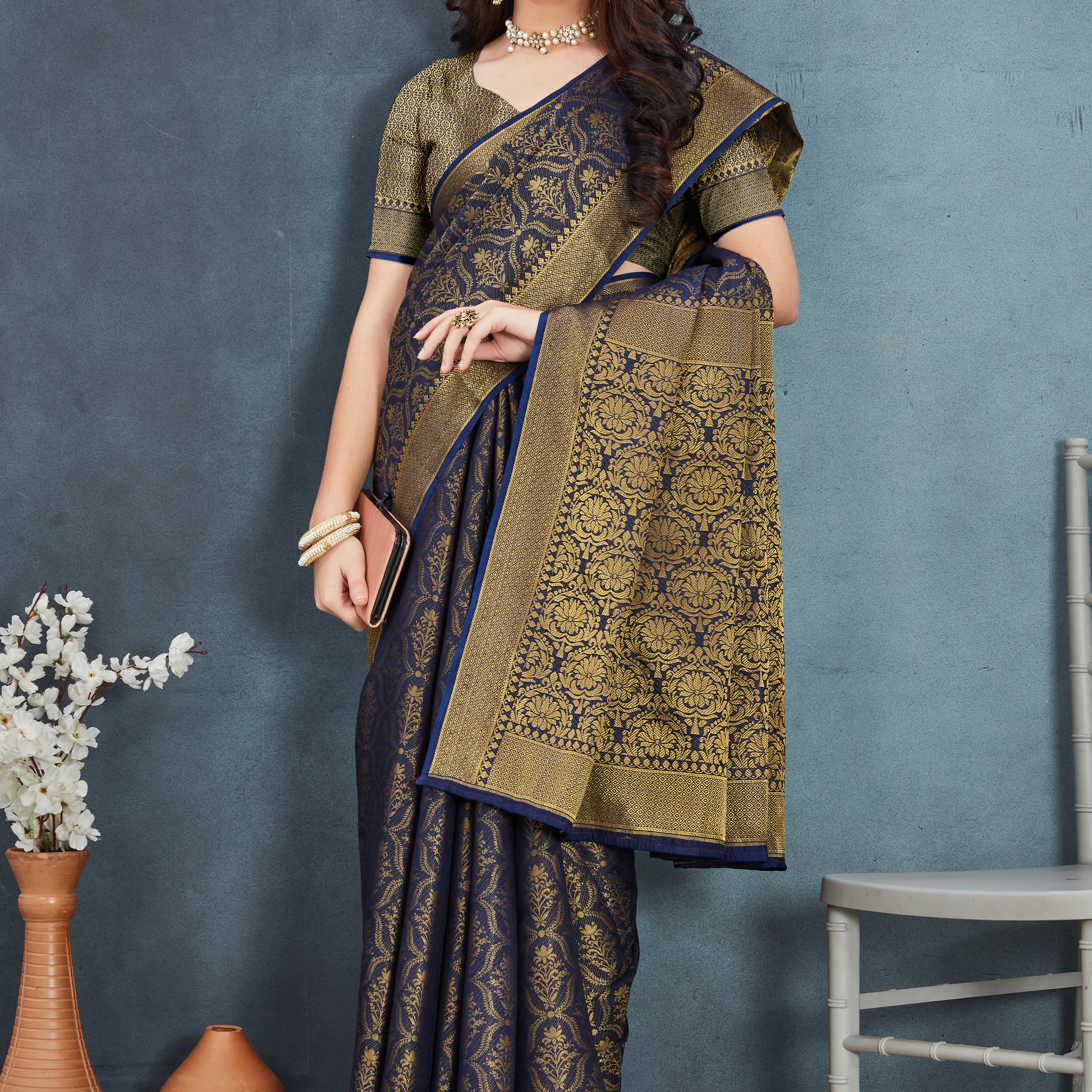 Elegant Mysore Brocade Silk Saree in Navy Blue