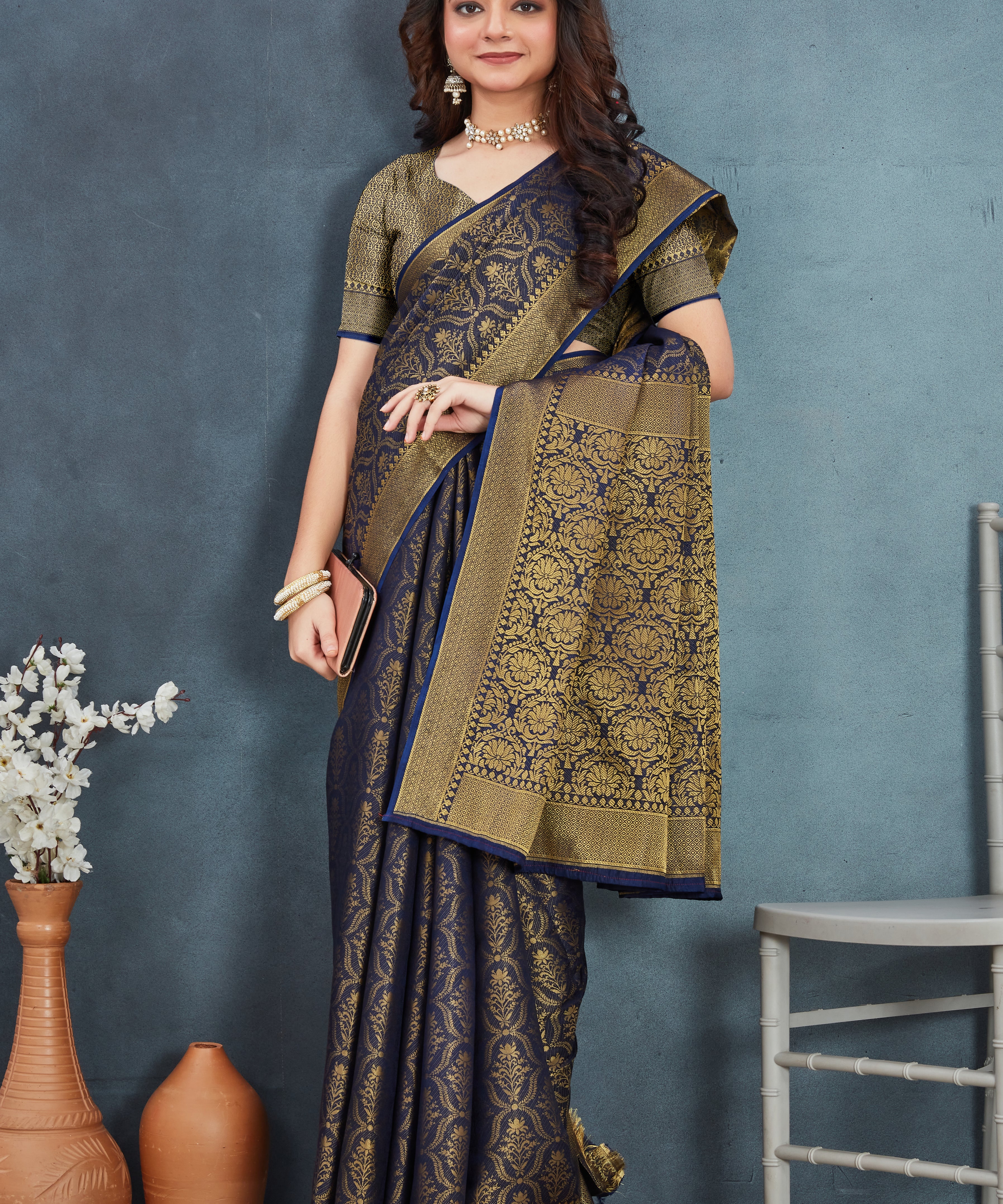 Elegant Mysore Brocade Silk Saree in Navy Blue