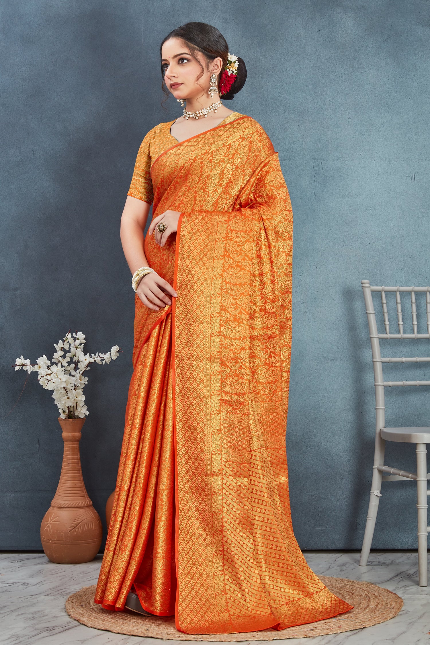 Heavy Weaving Mysore Silk Saree Orange Brocade Designer Drape