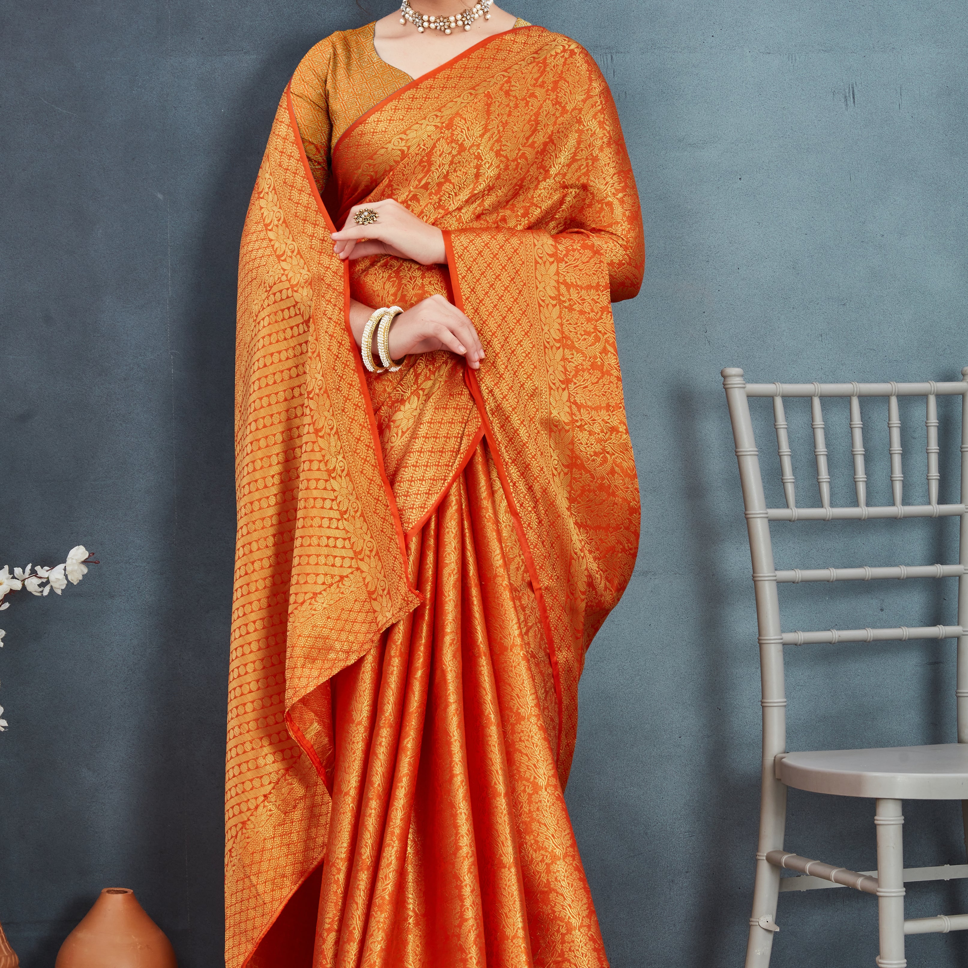 Elegant Mysore Brocade Silk Saree in Orange