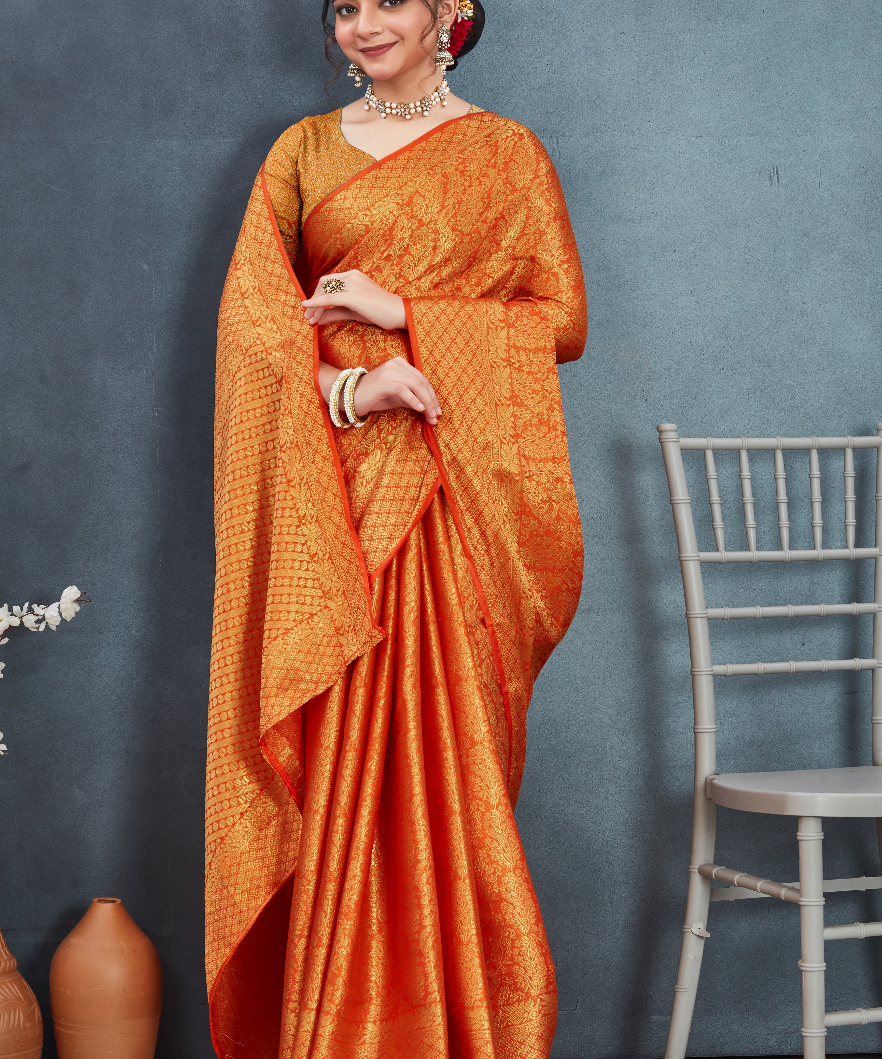 Elegant Mysore Brocade Silk Saree in Orange