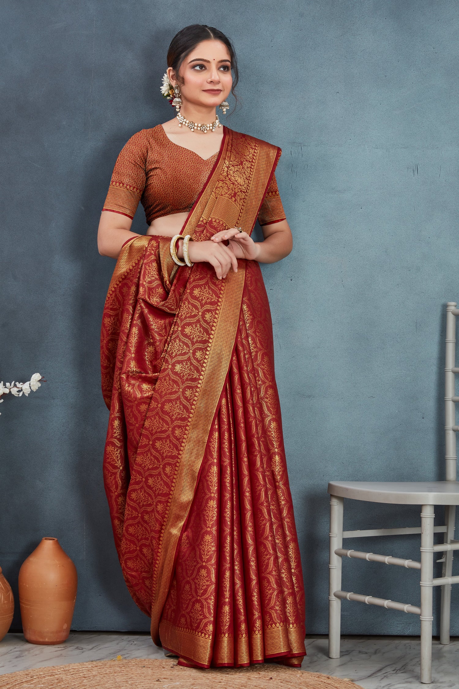 Traditional Brown Brocade Silk Saree Mysore Weaving Work Design