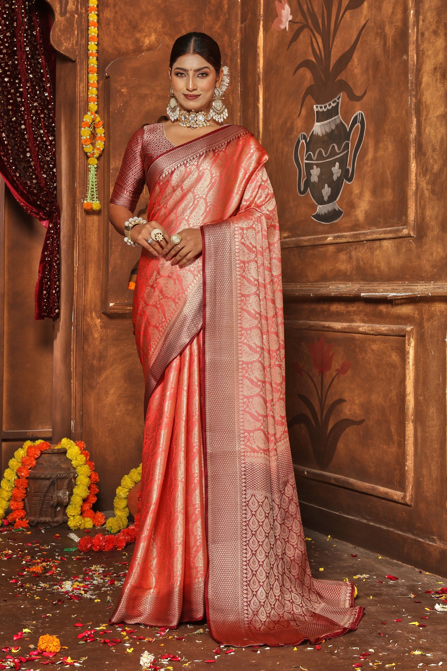Trendy Wedding Saree In Banarasi Brocade Silk With Zari Accents