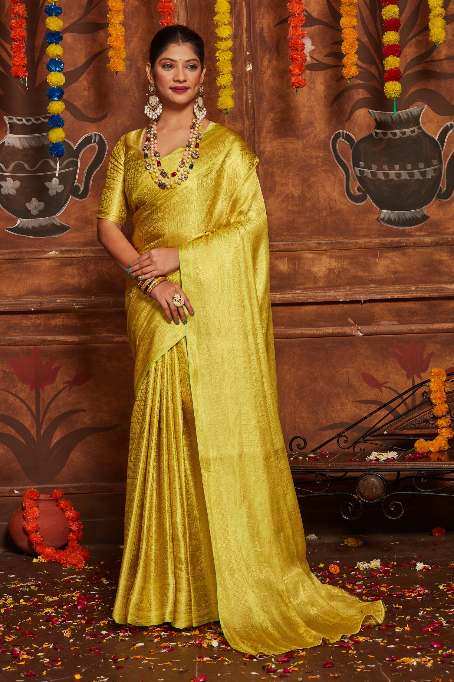 Fetching Yellow Banarasi Soft Silk Weaving Work Sangeet wear Saree