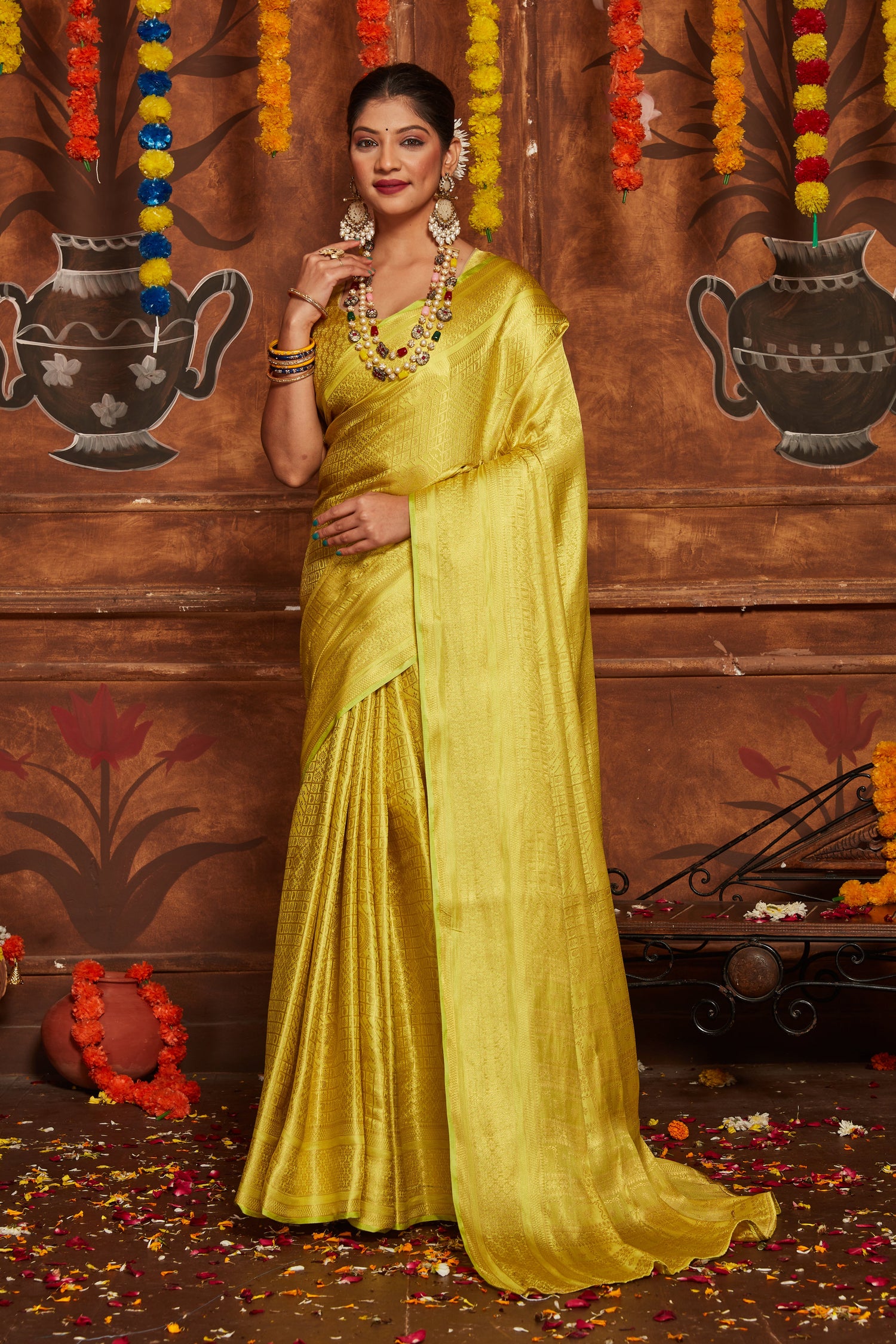 Fetching Yellow Banarasi Soft Silk Weaving Work Sangeet wear Saree