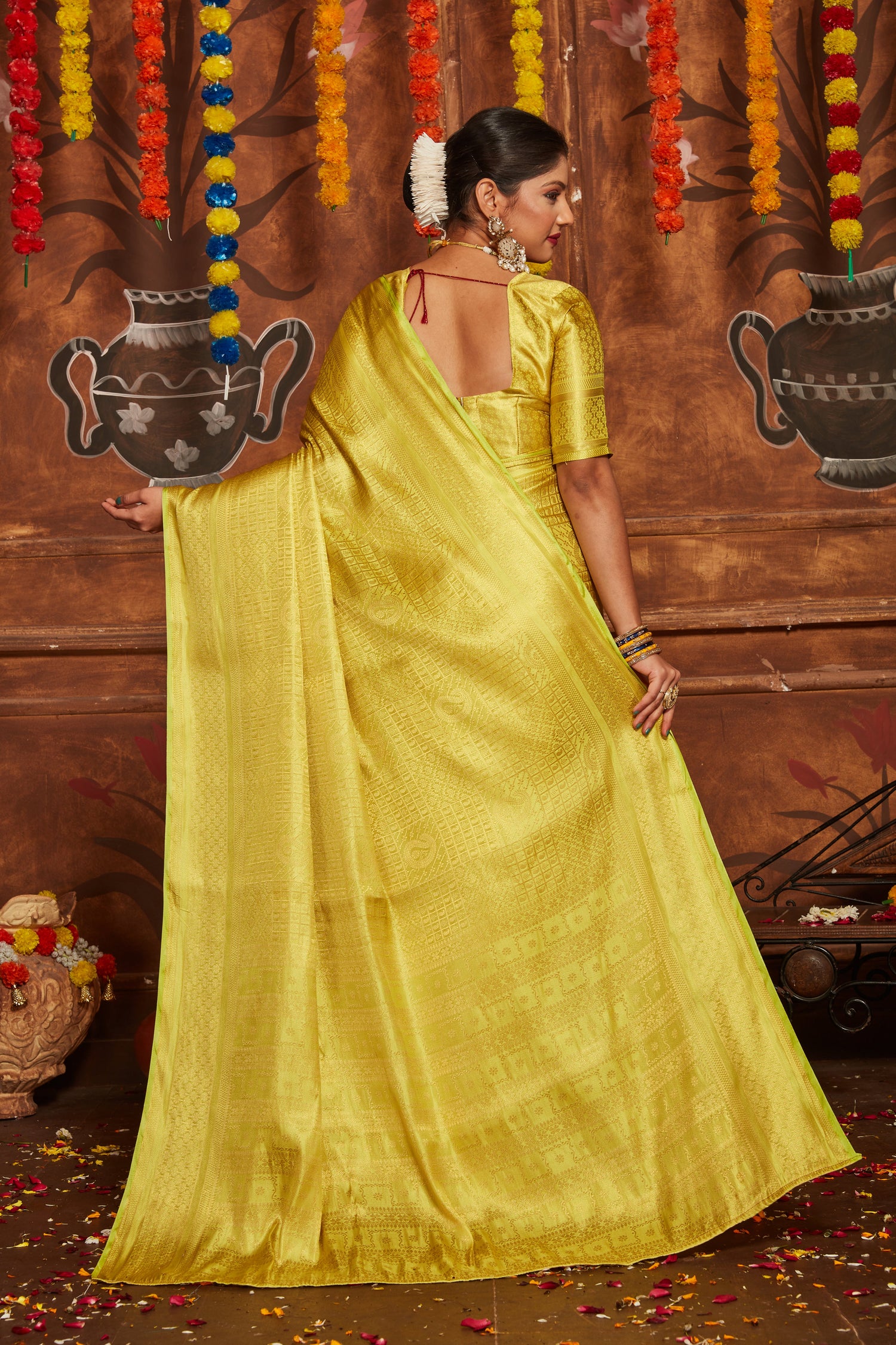 Fetching Yellow Banarasi Soft Silk Weaving Work Sangeet wear Saree