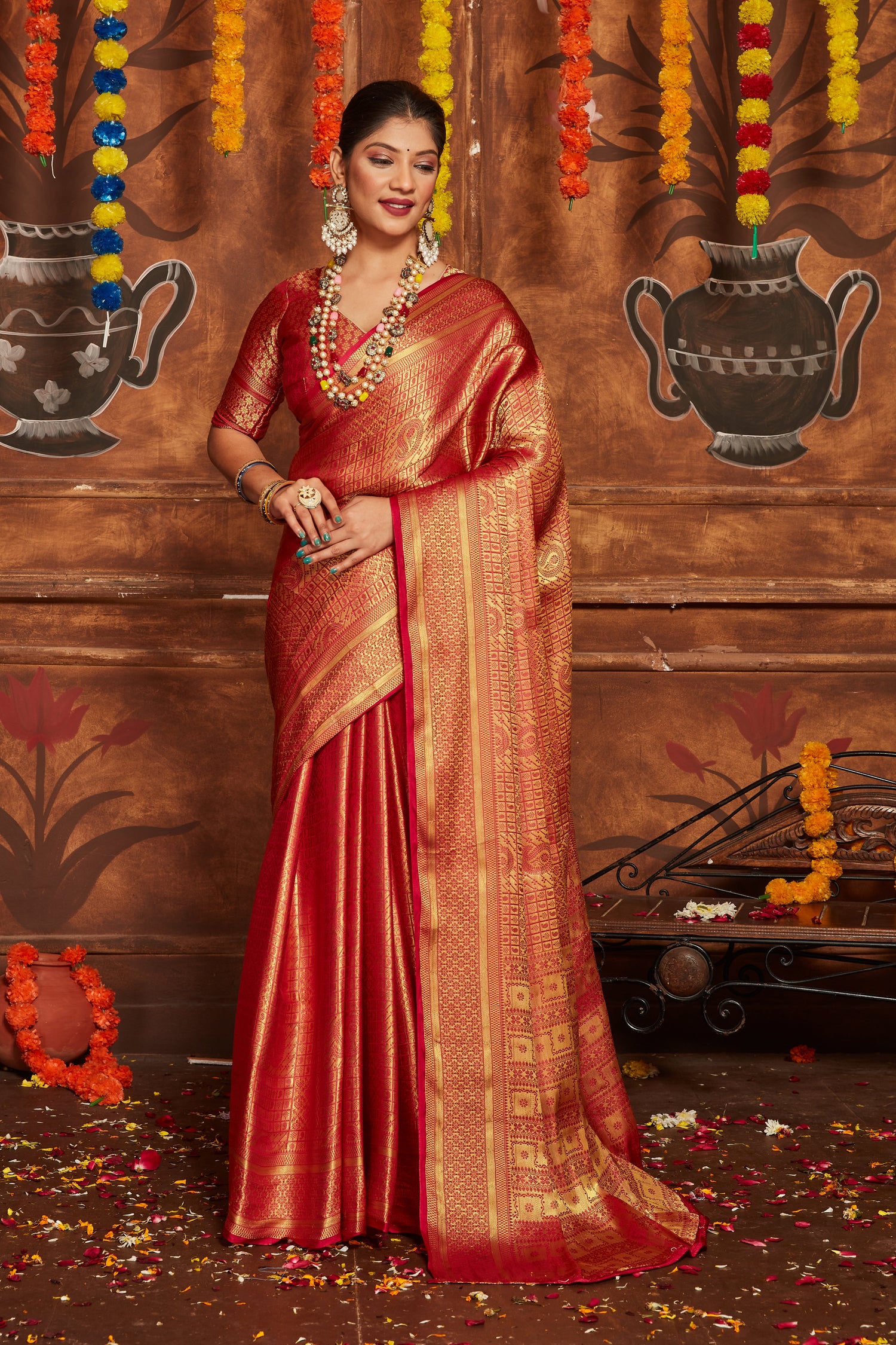 Designer Red Wedding Saree In Pure Mysore Silk With Banarasi Weave