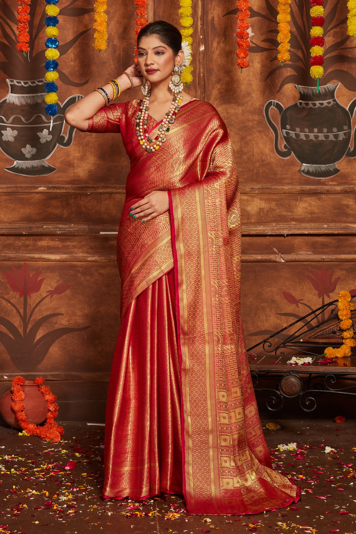 Designer Red Wedding Saree In Pure Mysore Silk With Banarasi Weave