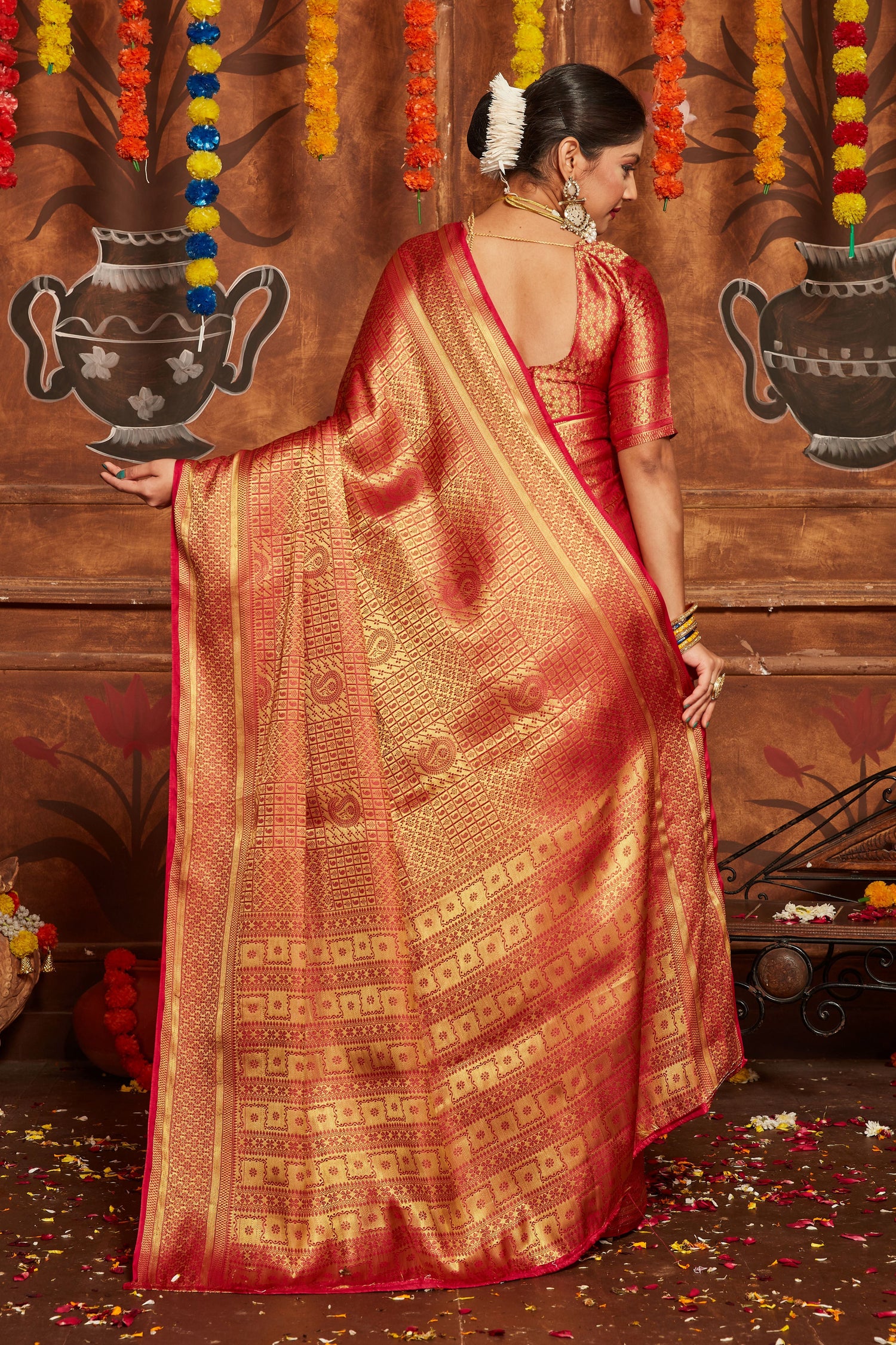 Designer Red Wedding Saree In Pure Mysore Silk With Banarasi Weave