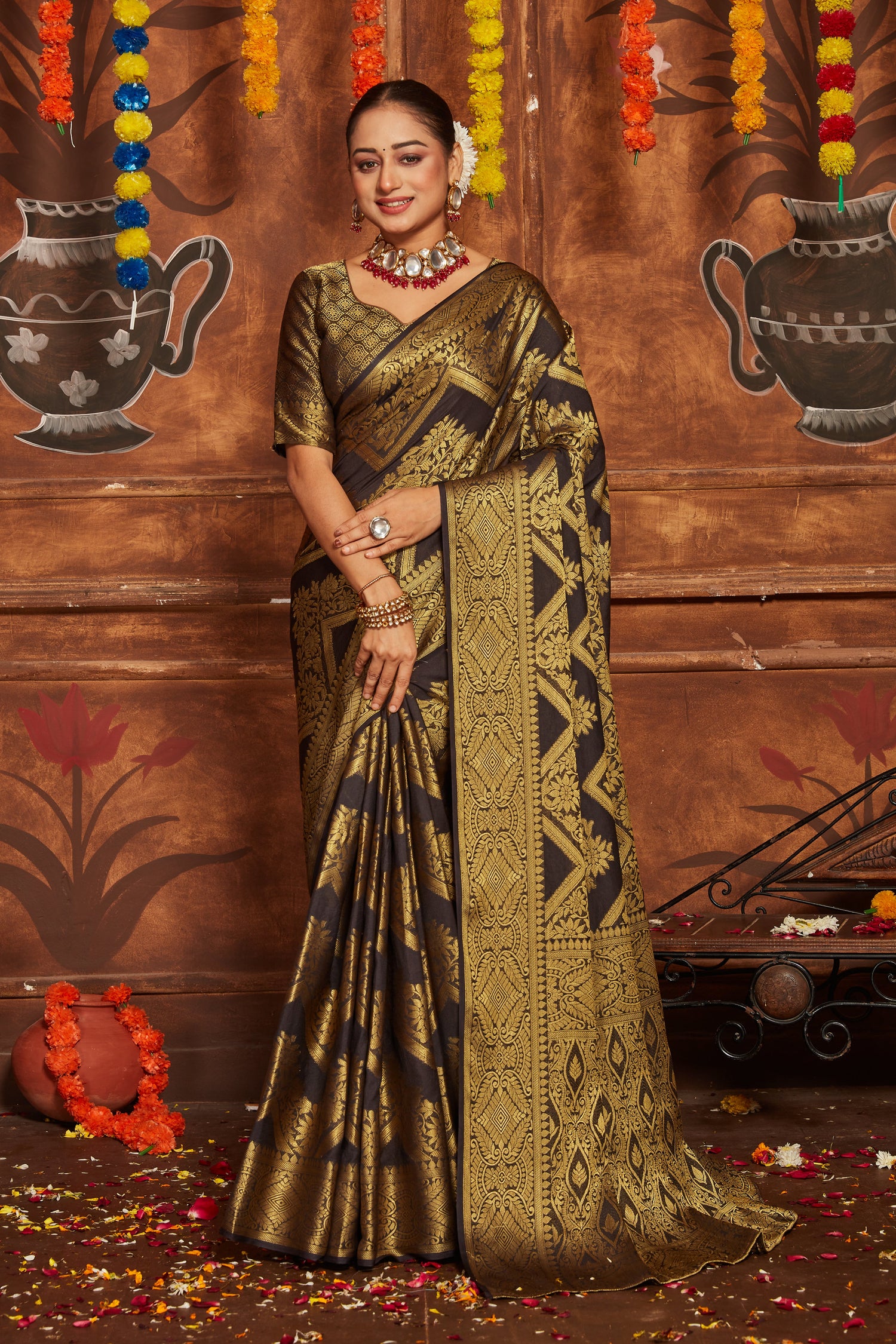 Elegant Black Mysore Silk Saree With Banarasi Brocade For Weddings