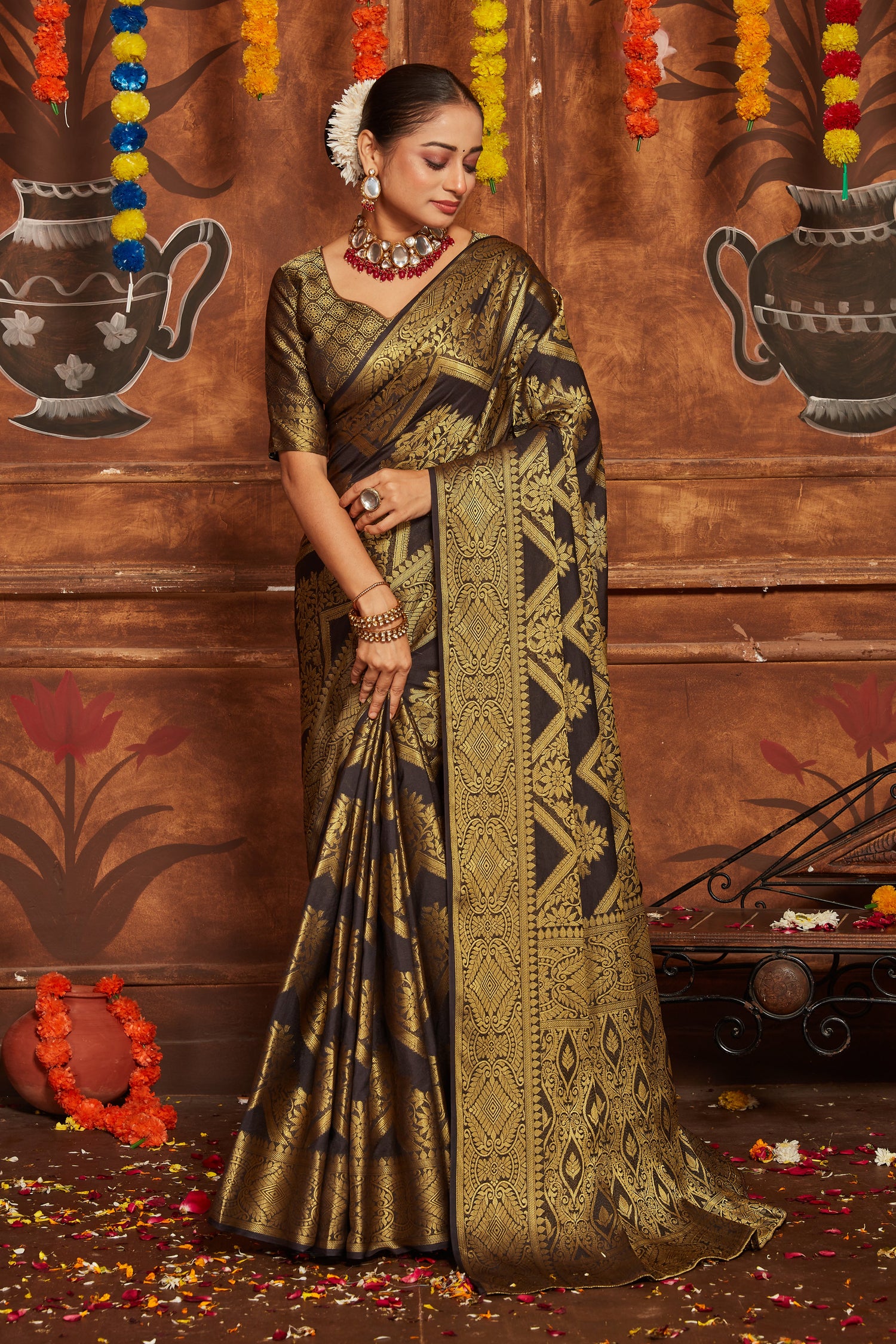 Elegant Black Mysore Silk Saree With Banarasi Brocade For Weddings
