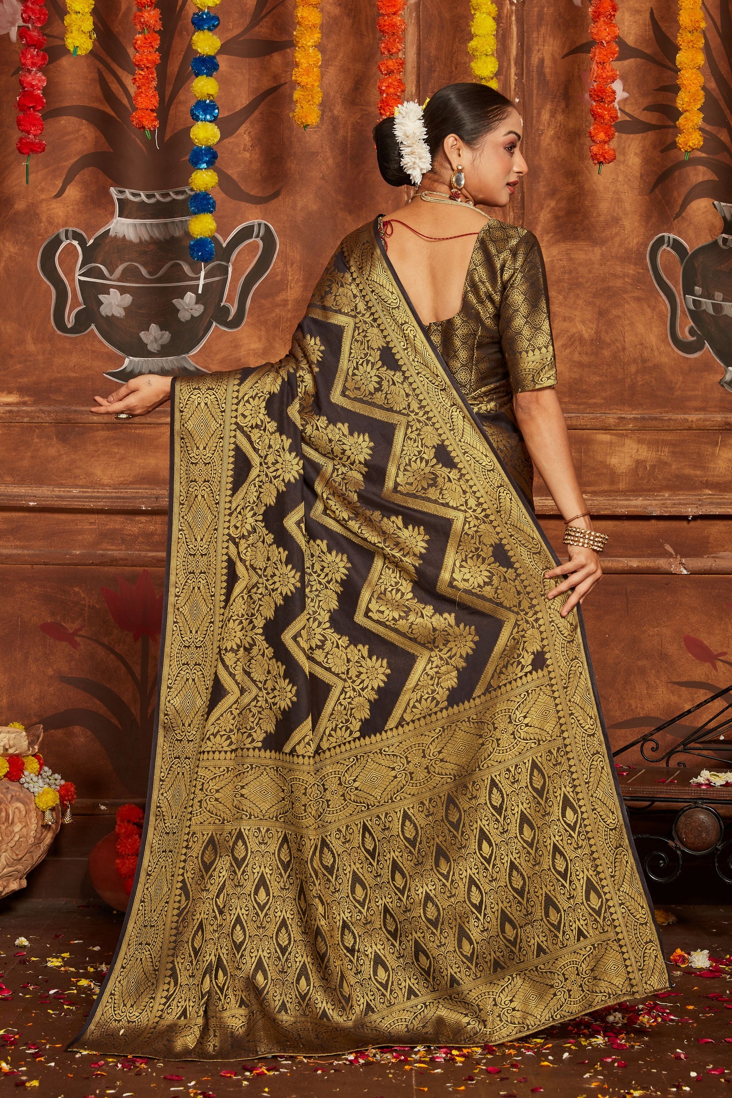 Elegant Black Mysore Silk Saree With Banarasi Brocade For Weddings