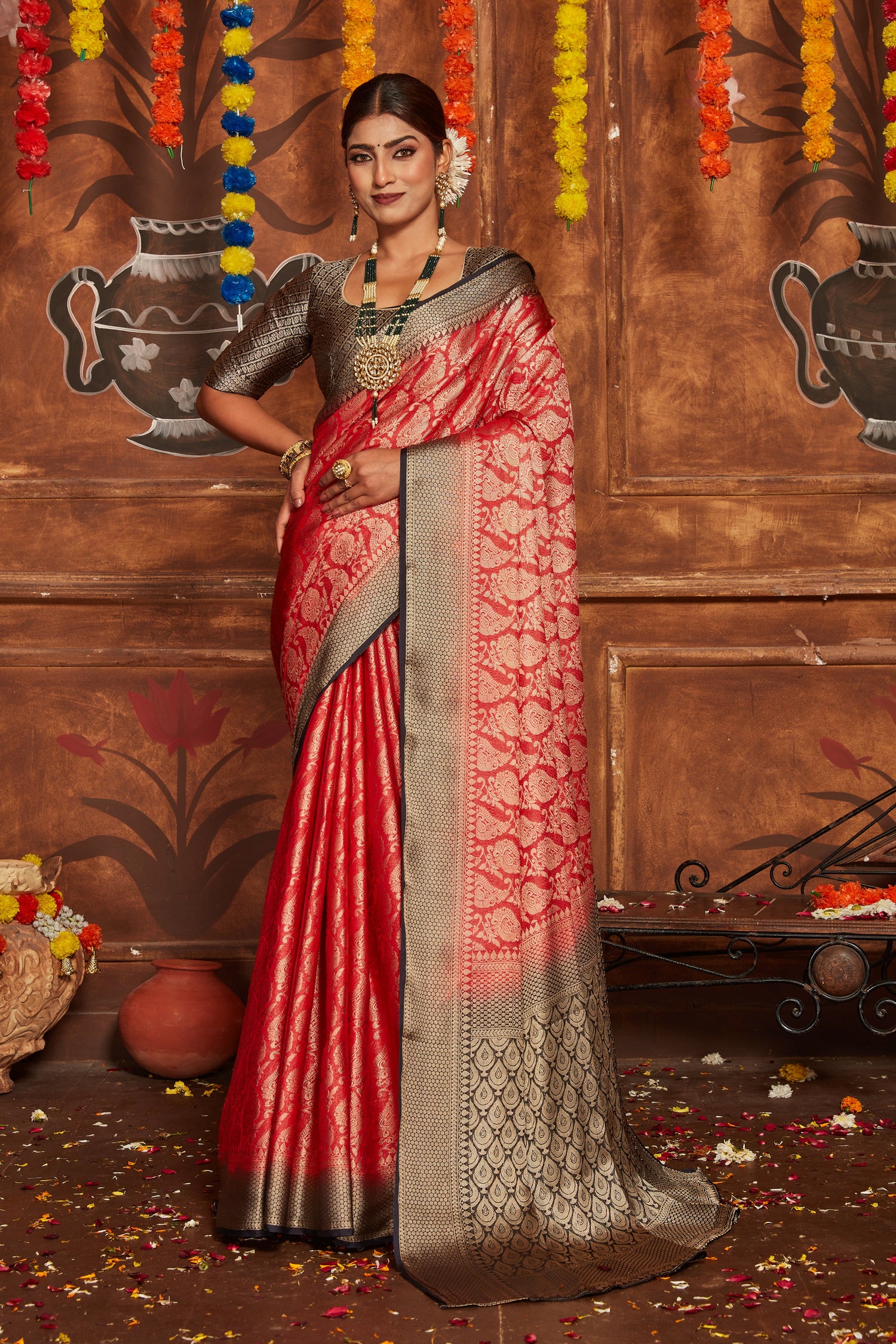 Bridal Wear Mysore Silk Saree With Traditional Banarasi Detailing