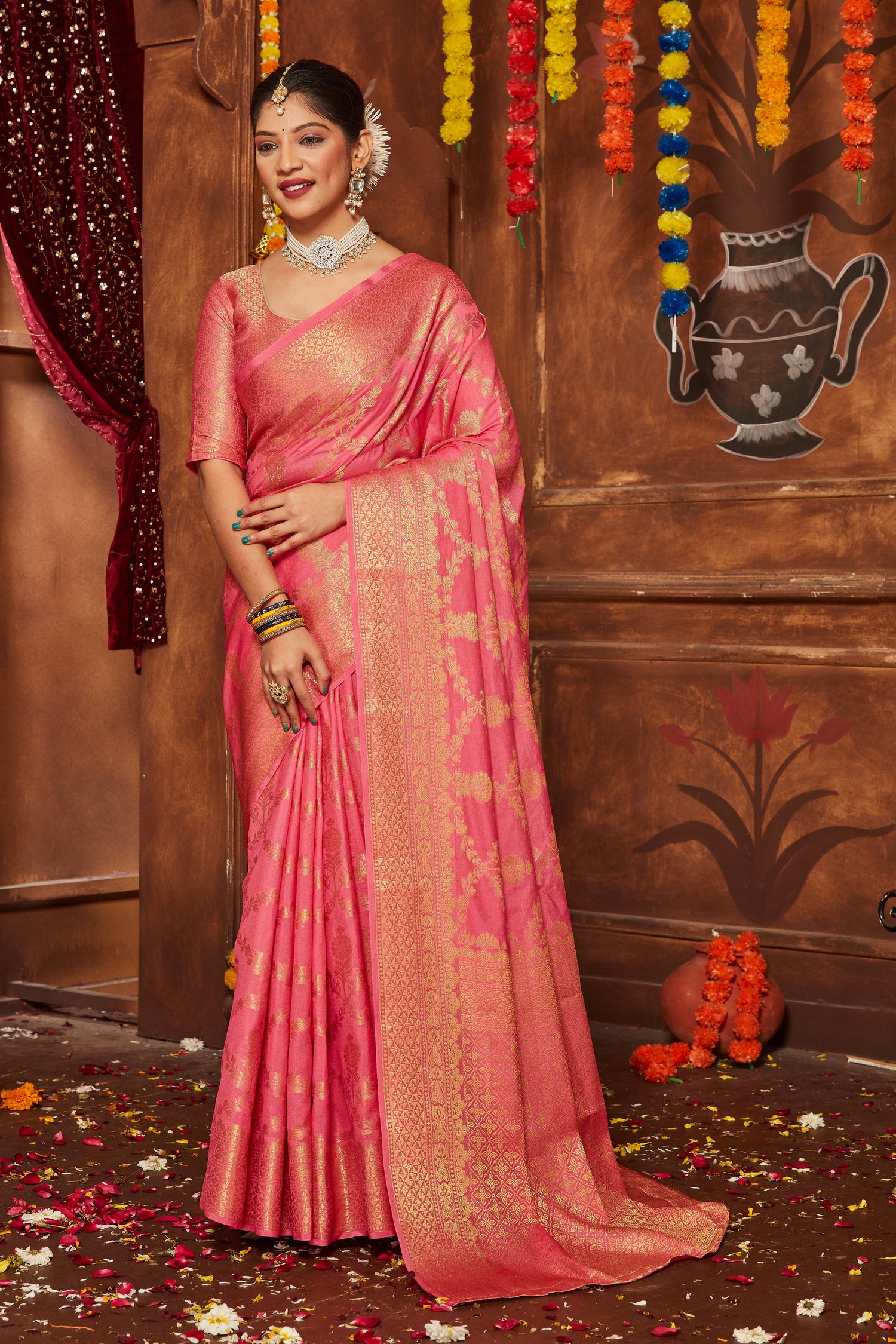 Rich Traditional Mysore Brocade Saree With Banarasi Touch Unstitched Blouse