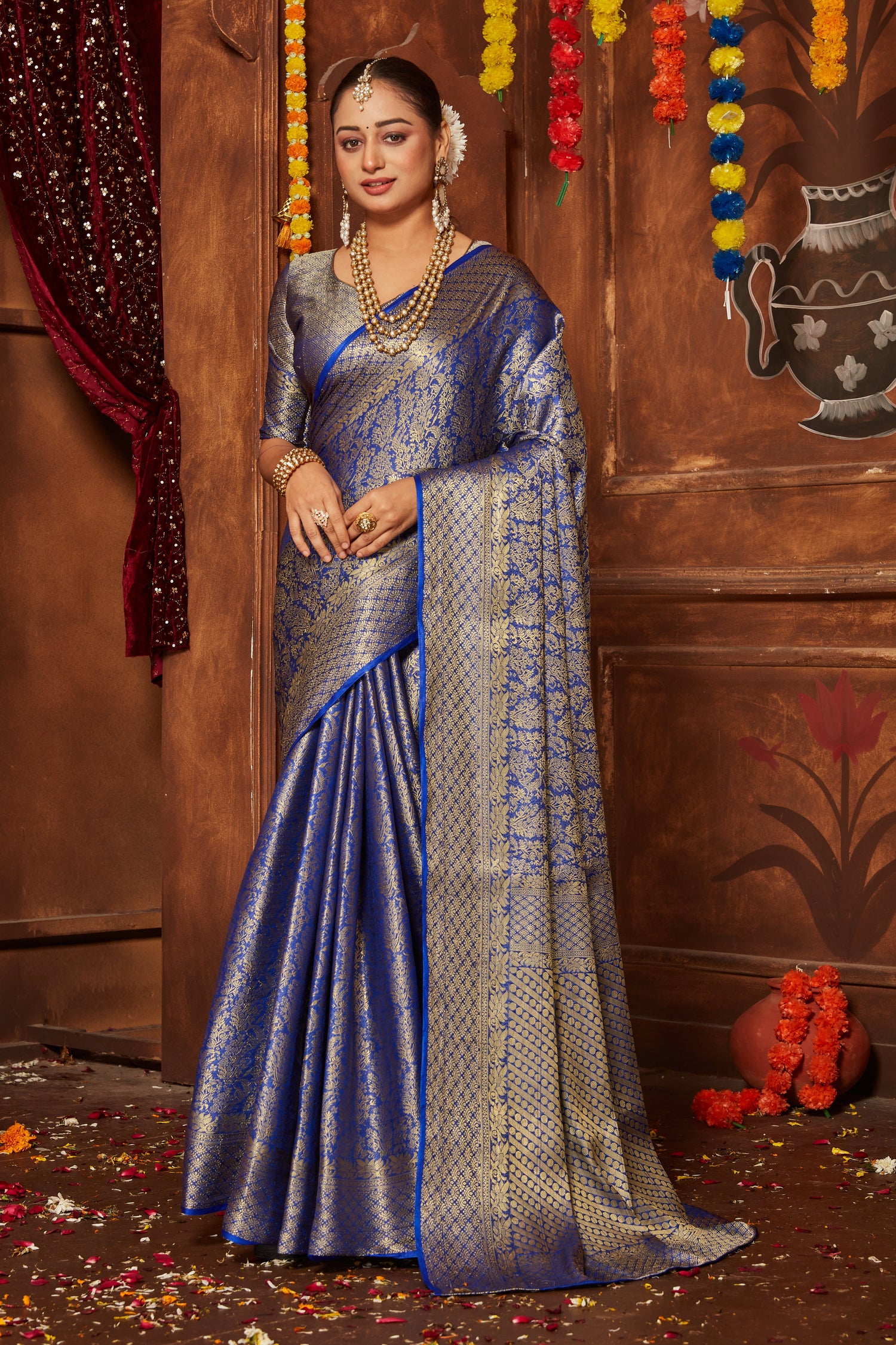 Mysore Brocade Silk Wedding Saree With Banarasi Weave And Unstitched Blouse