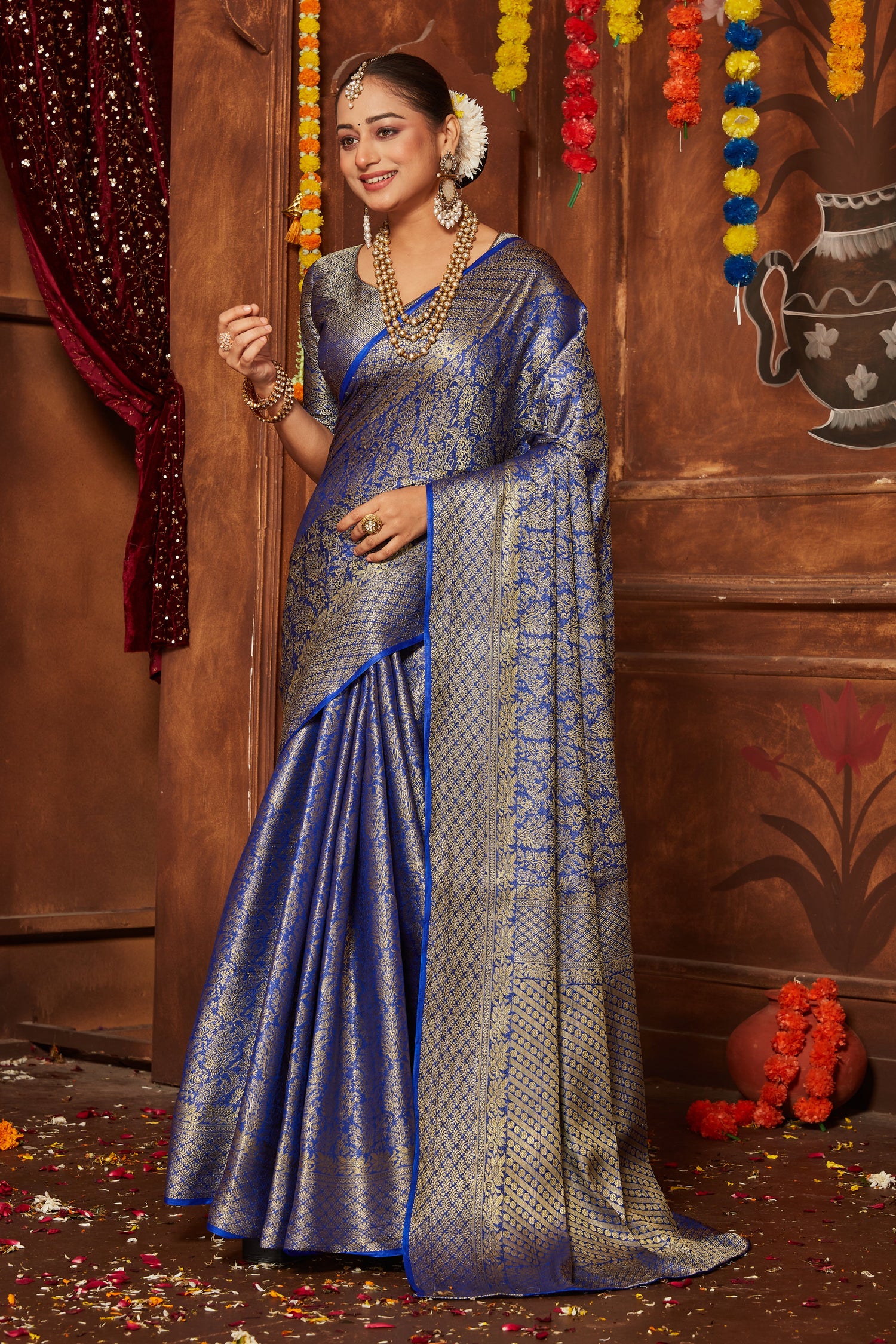 Mysore Brocade Silk Wedding Saree With Banarasi Weave And Unstitched Blouse