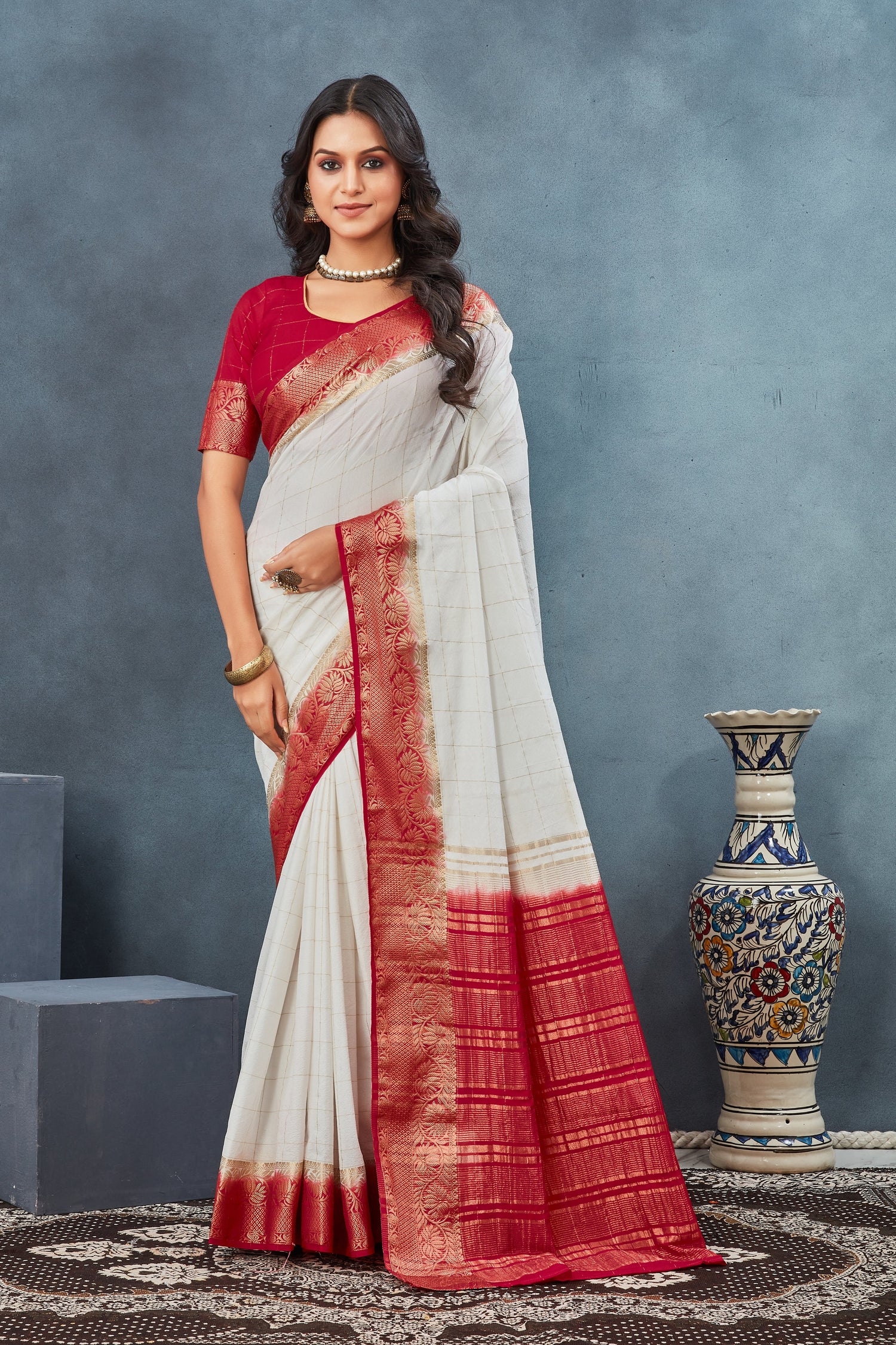 Designer Wedding Saree In Red And White Pure Art Silk With Pattu Print Work