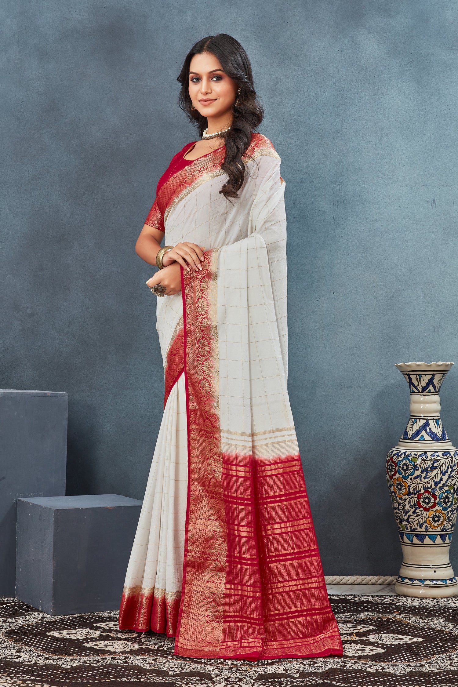 Designer Wedding Saree In Red And White Pure Art Silk With Pattu Print Work