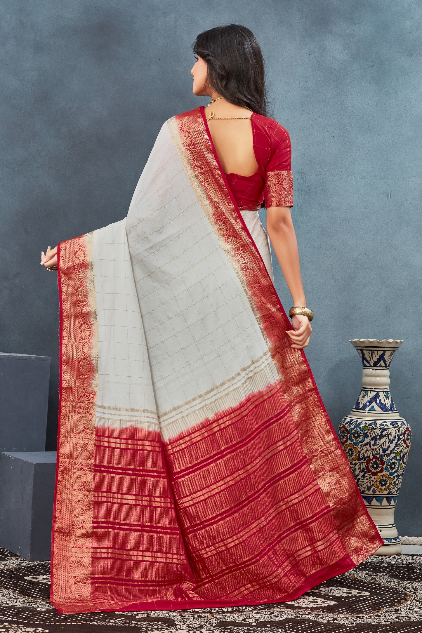 Mysore silk Crepe Elegance in Red&White