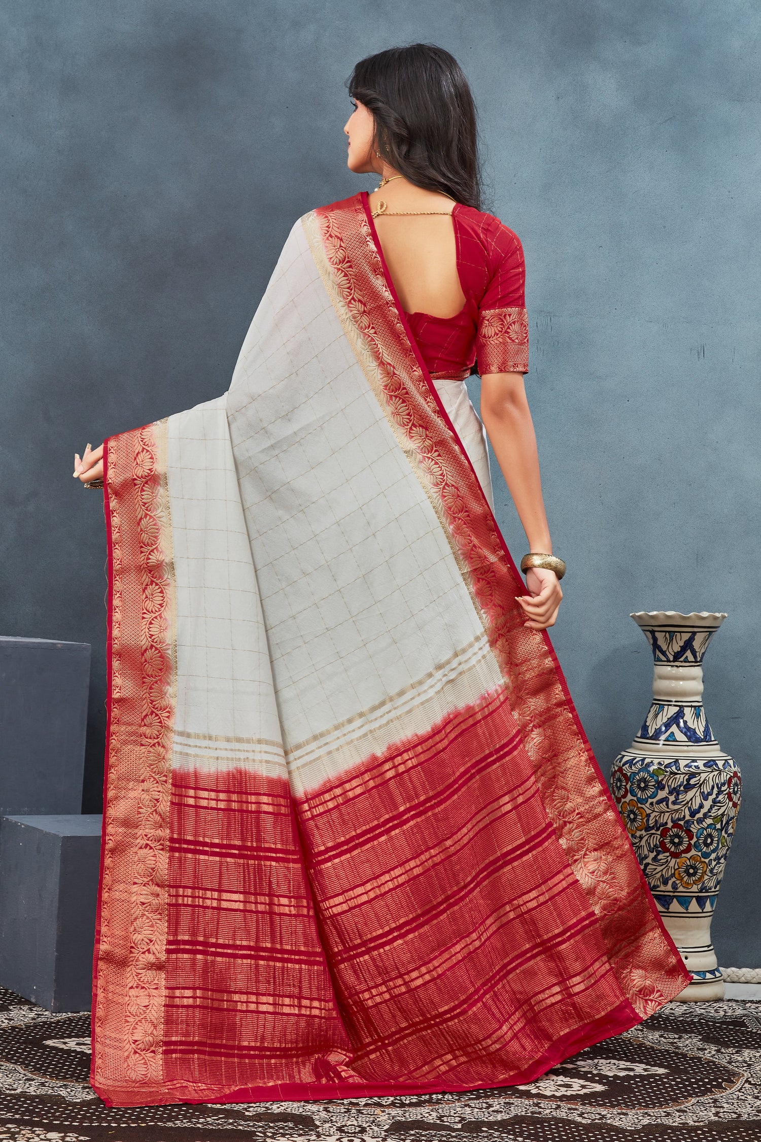 Designer Wedding Saree In Red And White Pure Art Silk With Pattu Print Work