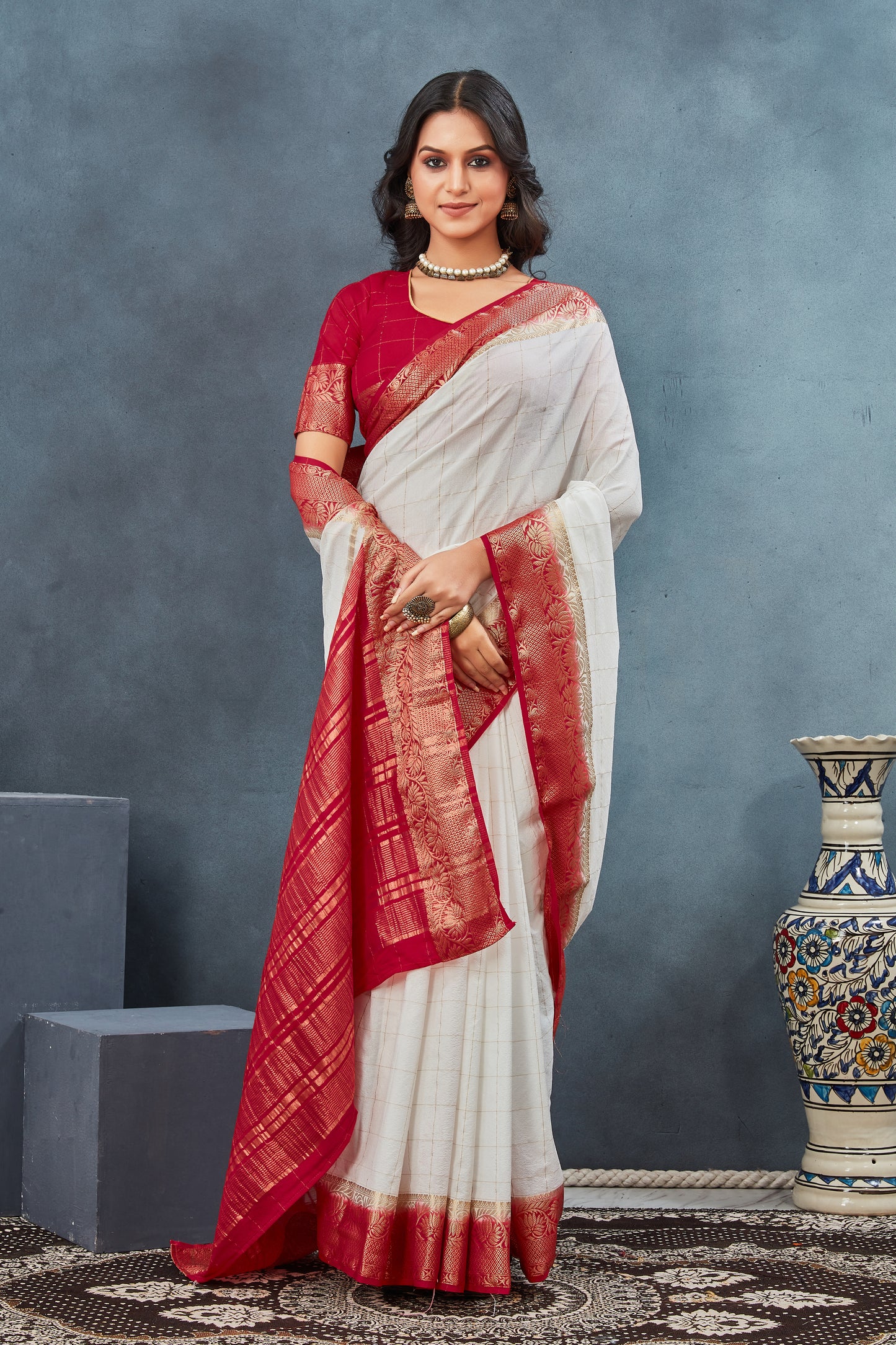 Mysore silk Crepe Elegance in Red&White