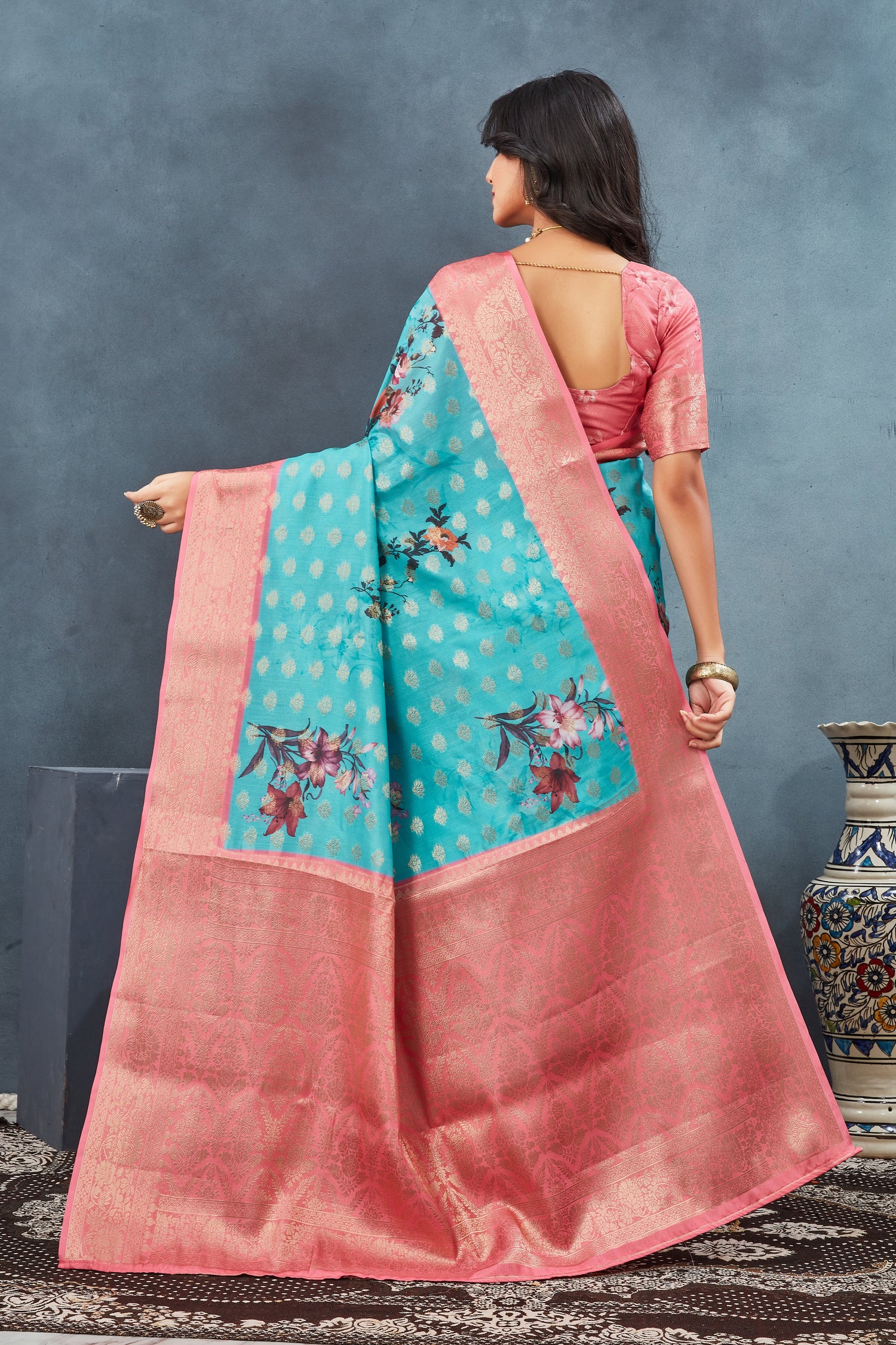 Elegant Wedding Saree Rama Handloom Art Silk With Pattu Print Design