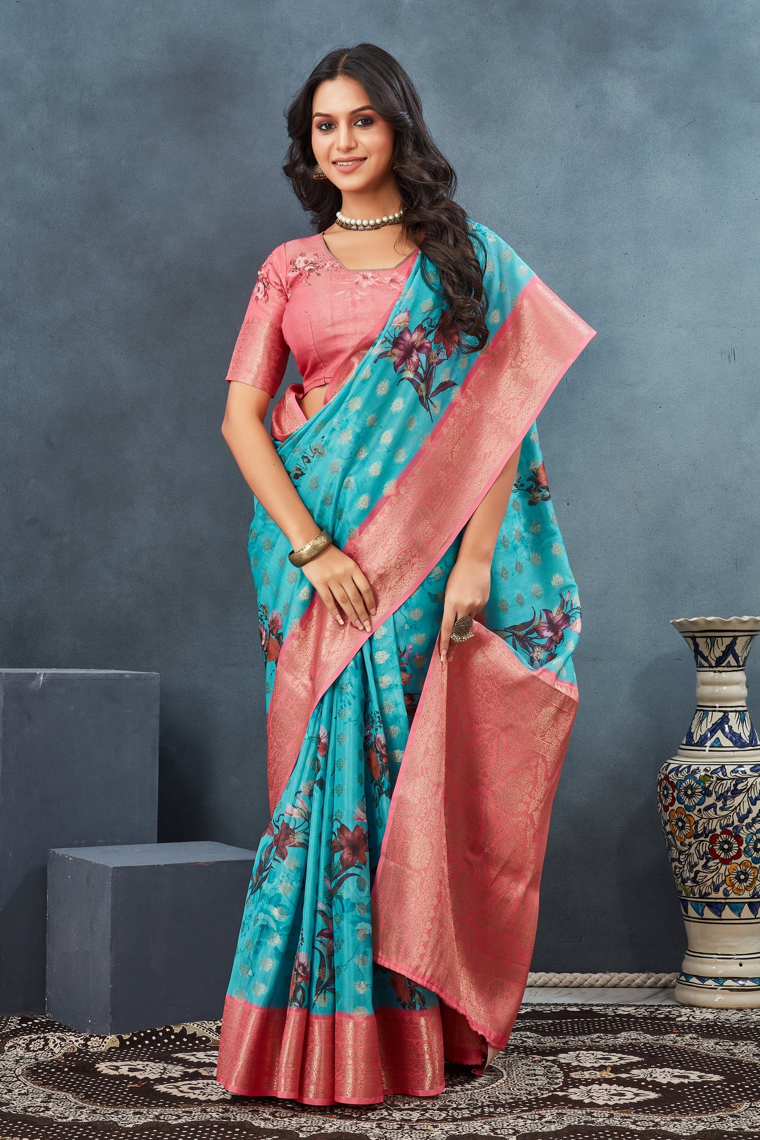 Elegant Wedding Saree Rama Handloom Art Silk With Pattu Print Design