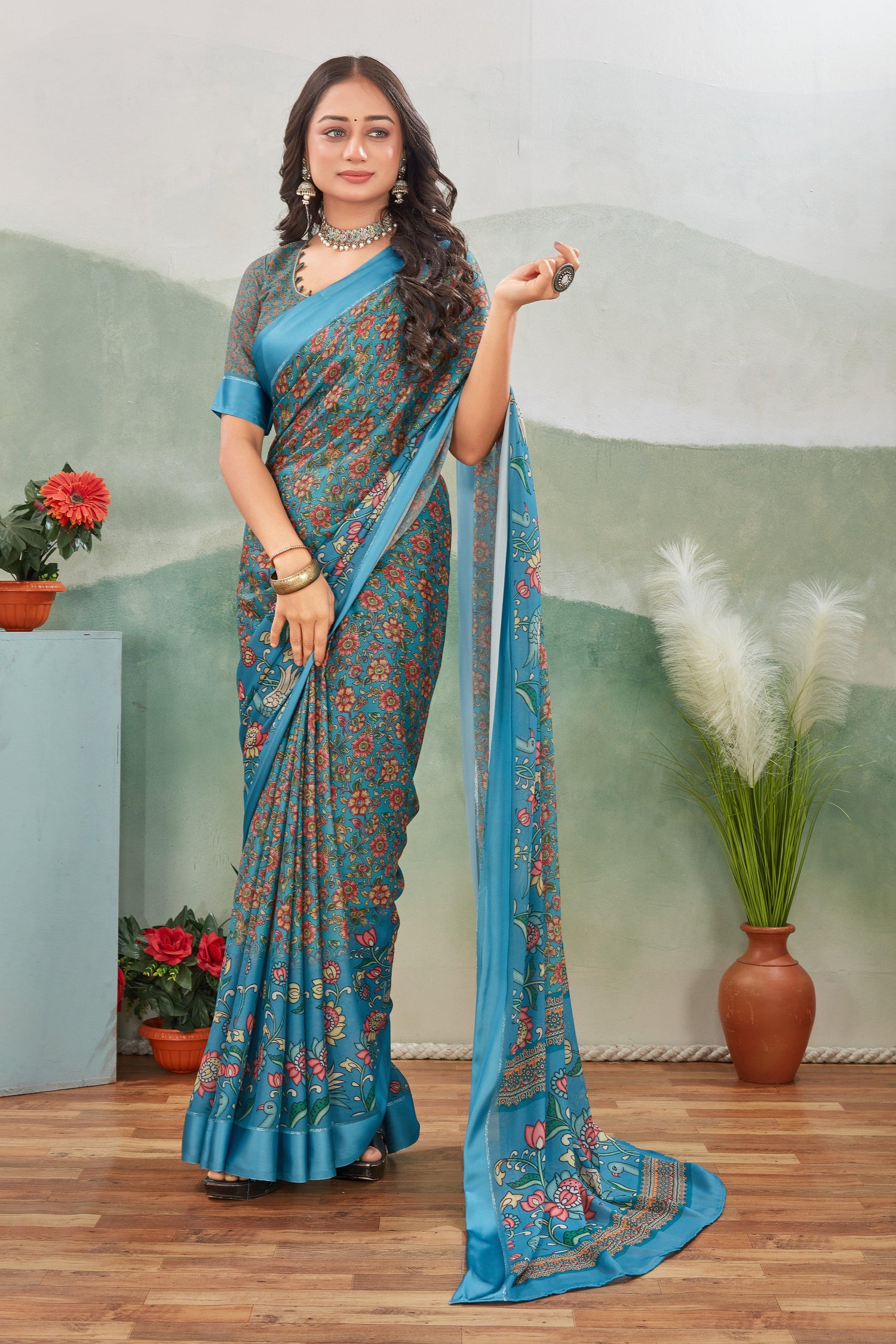 Graceful Kalamkari Printed Saree In Pastel Blue Traditional Mysore Silk For Cultural Events