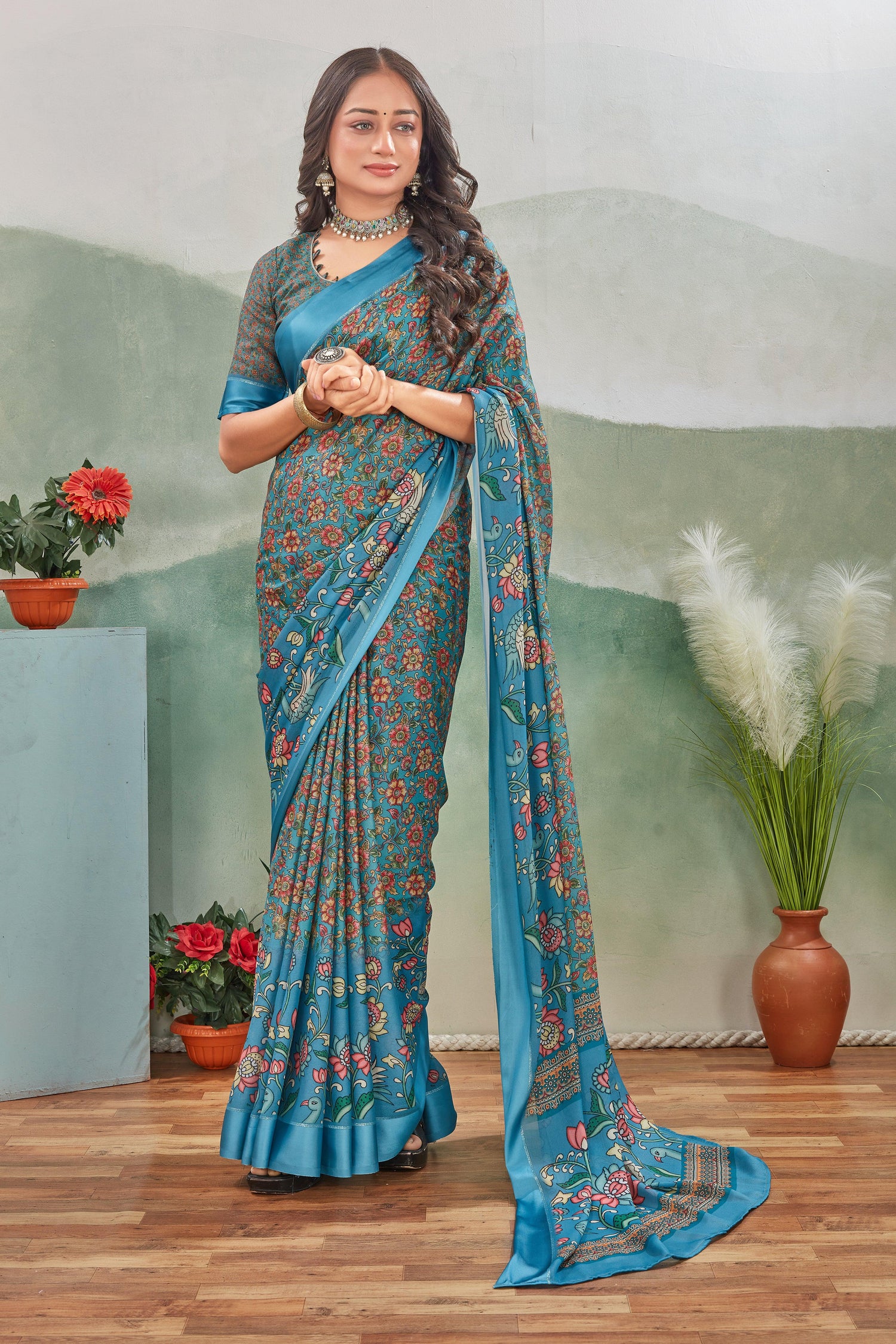 Graceful Kalamkari Printed Saree In Pastel Blue Traditional Mysore Silk For Cultural Events