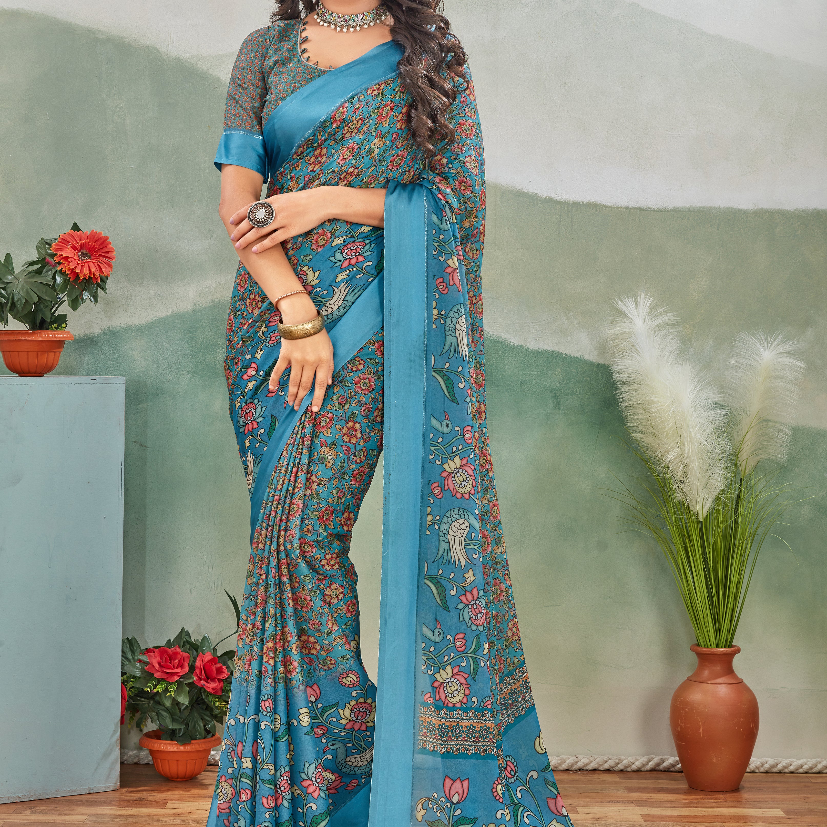 Elegant Pure Viscose Satin Saree with Stunning Border in Blue