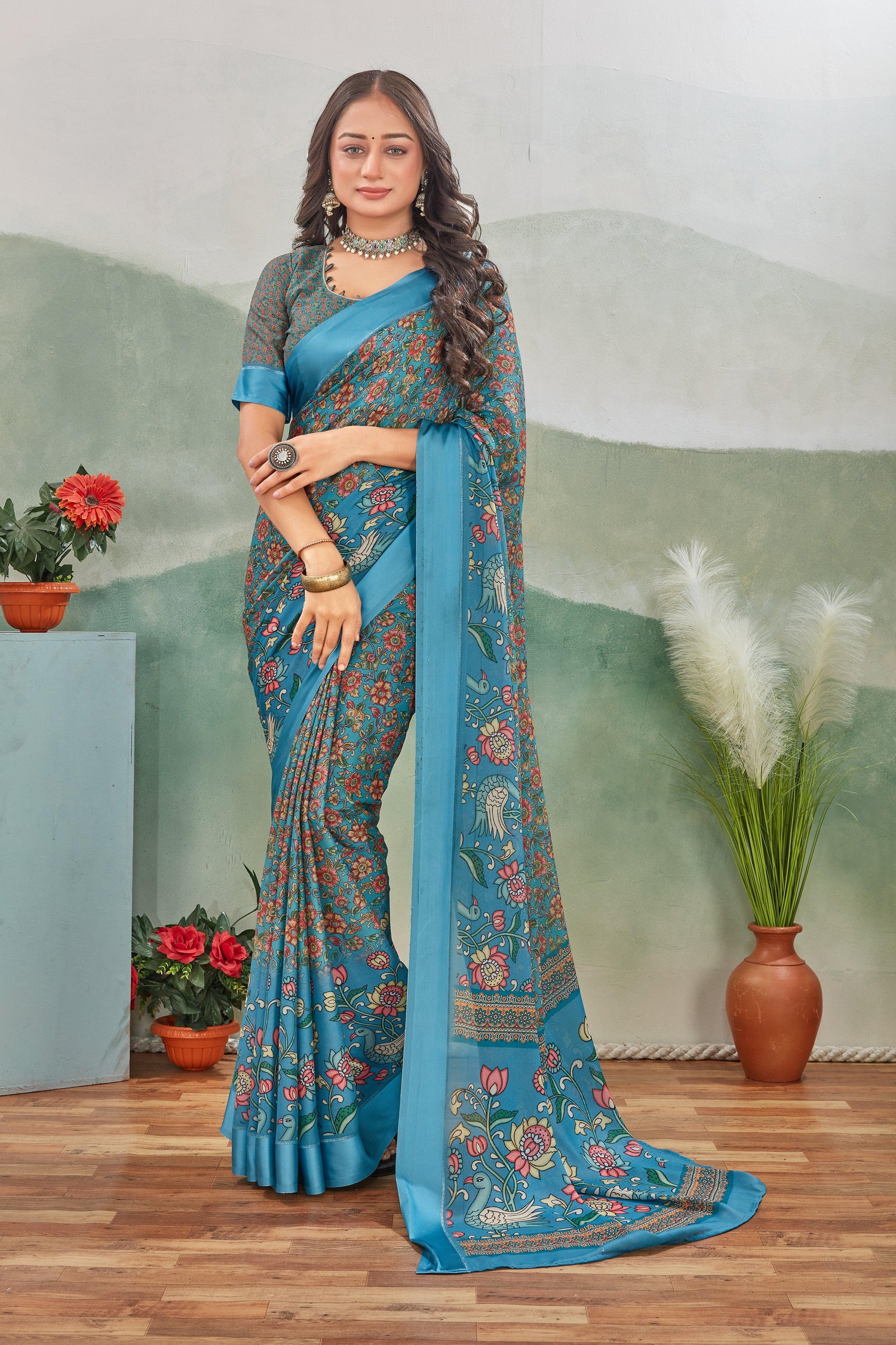 Graceful Kalamkari Printed Saree In Pastel Blue Traditional Mysore Silk For Cultural Events