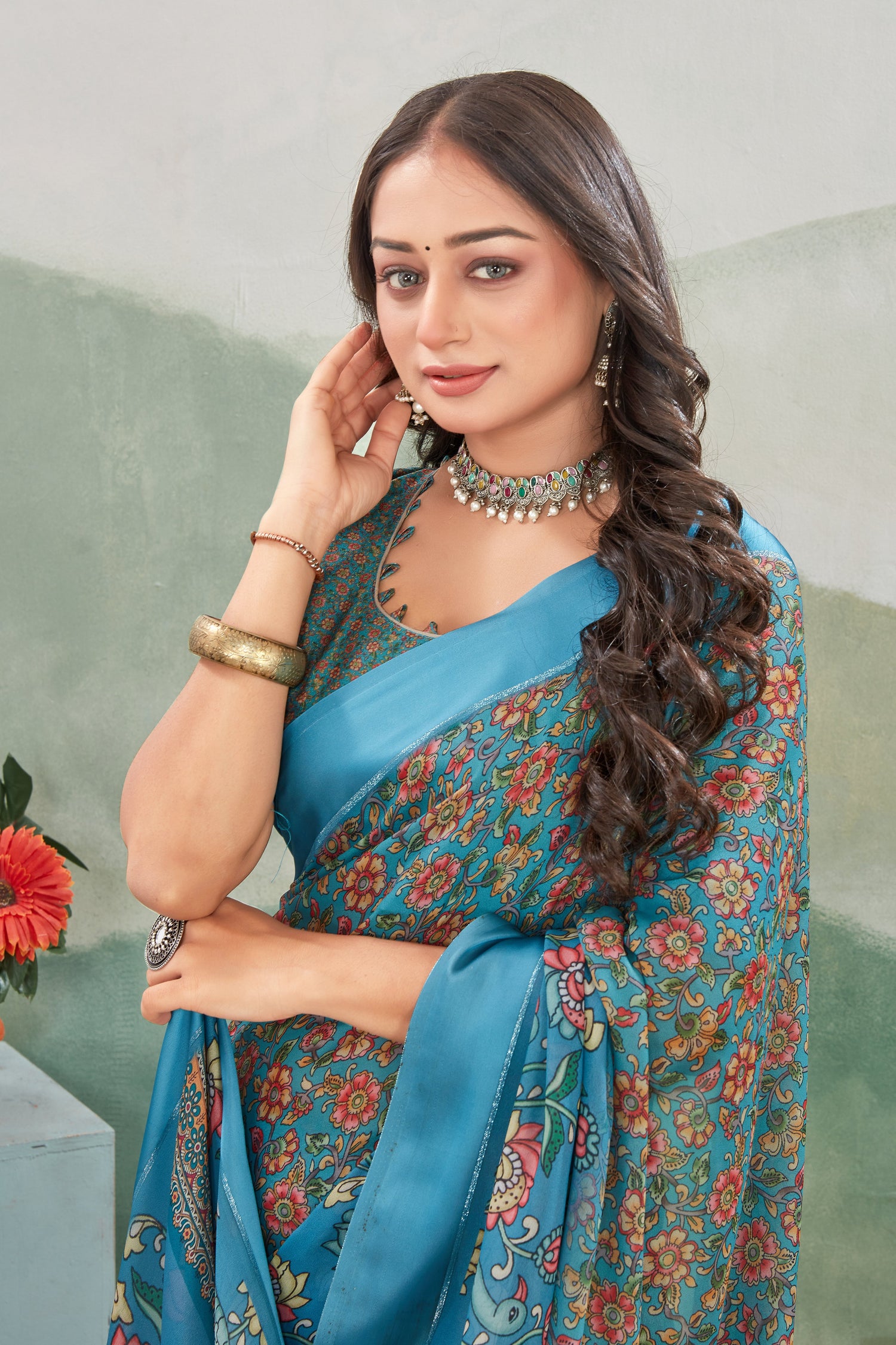 Blue Pure Satin Printed Saree With Unique Digital Art And Designer Blouse For Festive Fashion