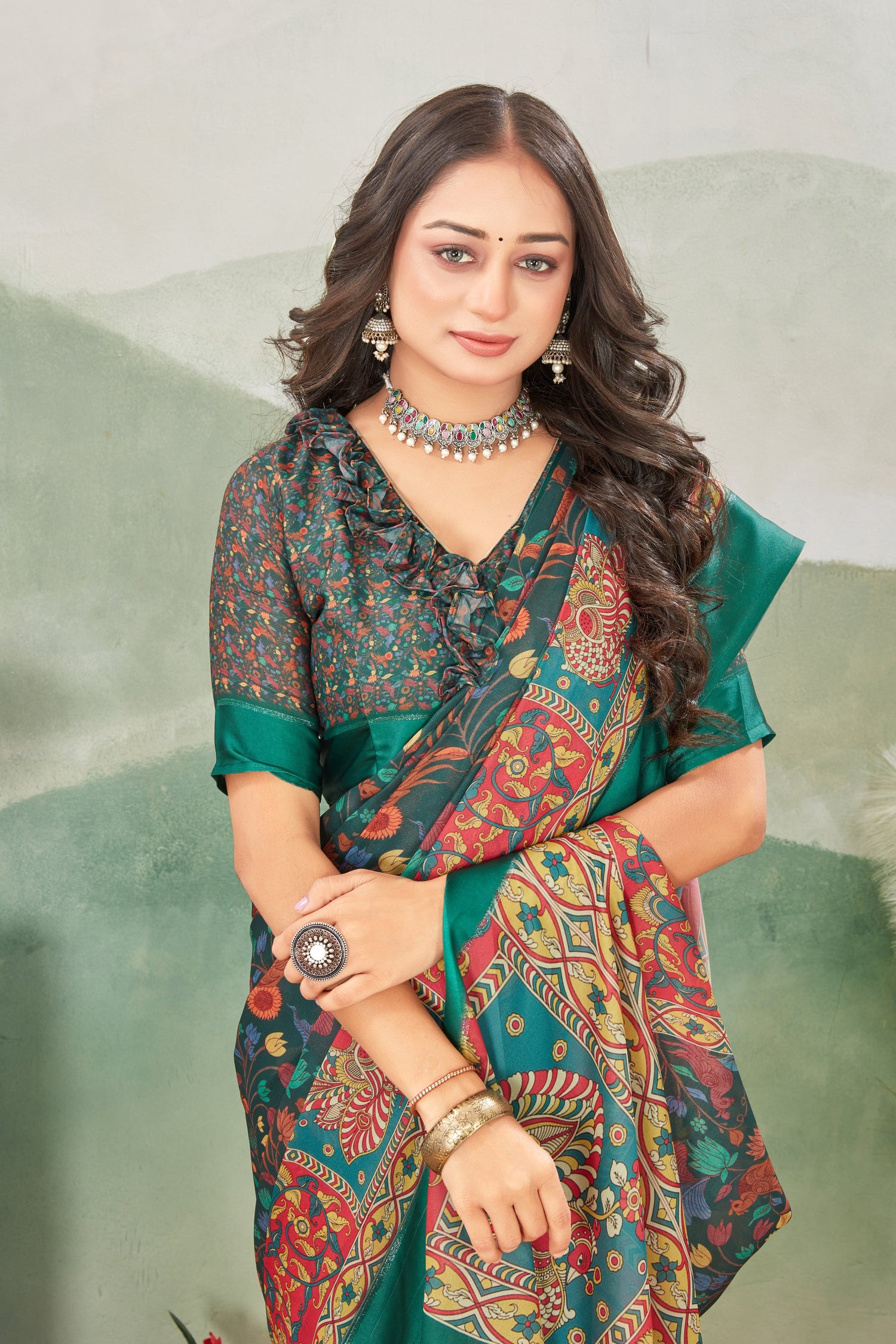 Traditional Yet Modern Parrot Green Viscose Satin Printed Saree For Parties And Ceremonies